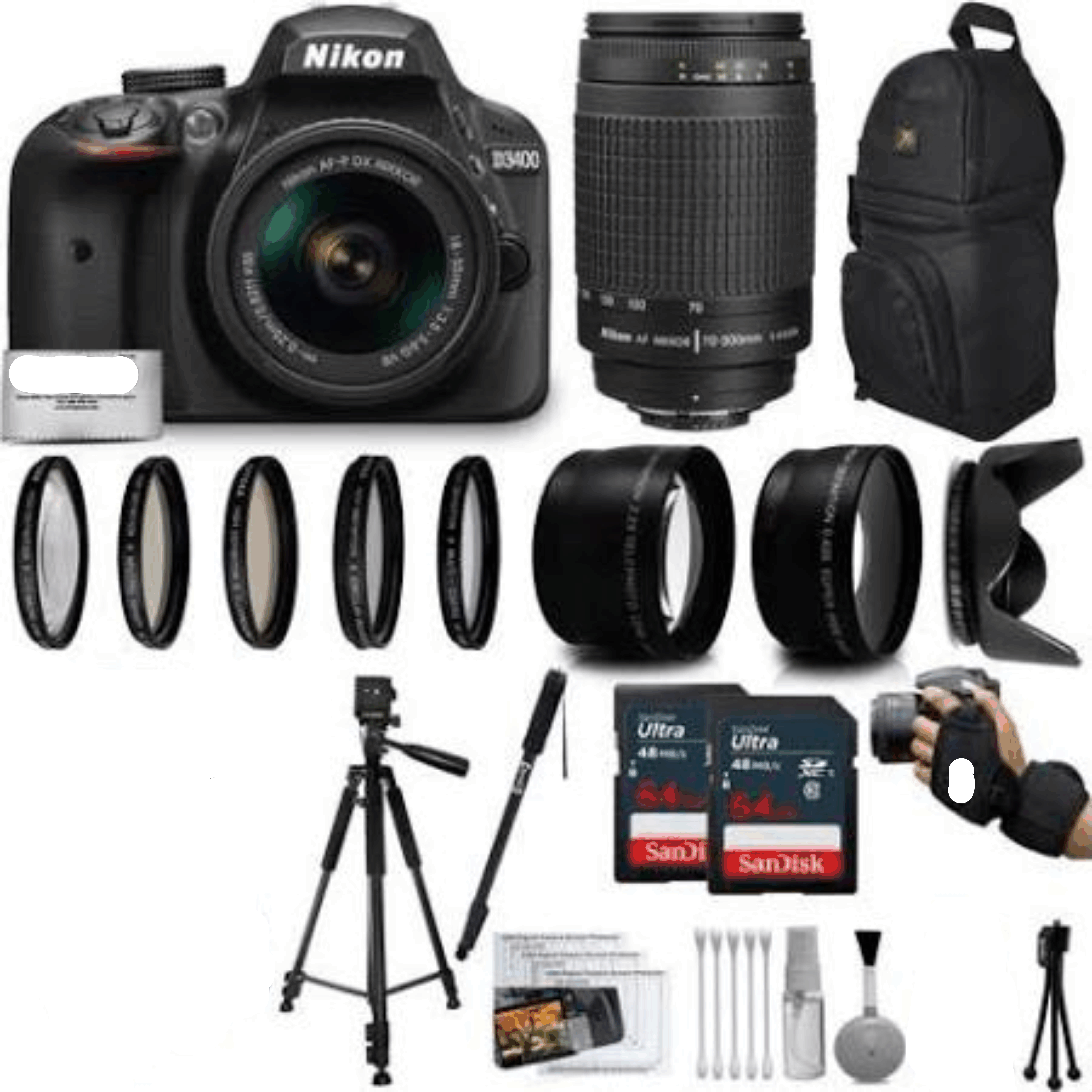 Nikon D3400 24MP DSLR Digital Camera AF-P 18-55mm + Nikkor Lens 70-300mm + High Definition Professional 5 Piece Filter Kit + 128GB Memory SD Card kit 16