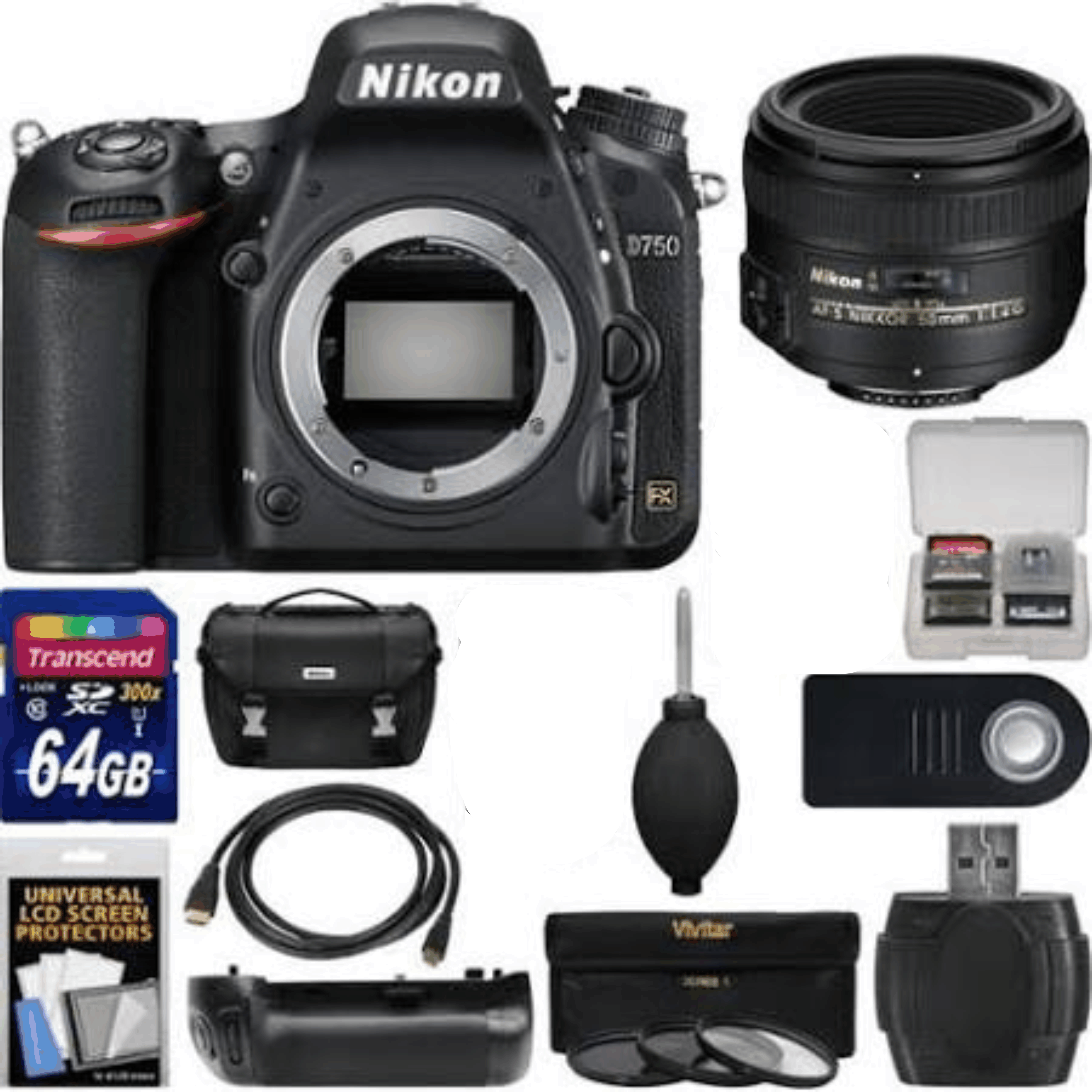 Nikon D750 Digital SLR Camera Body with 50mm f/1.4G AF-S Lens + 64GB Card + Case + Grip + 3 Filters + Kit 16