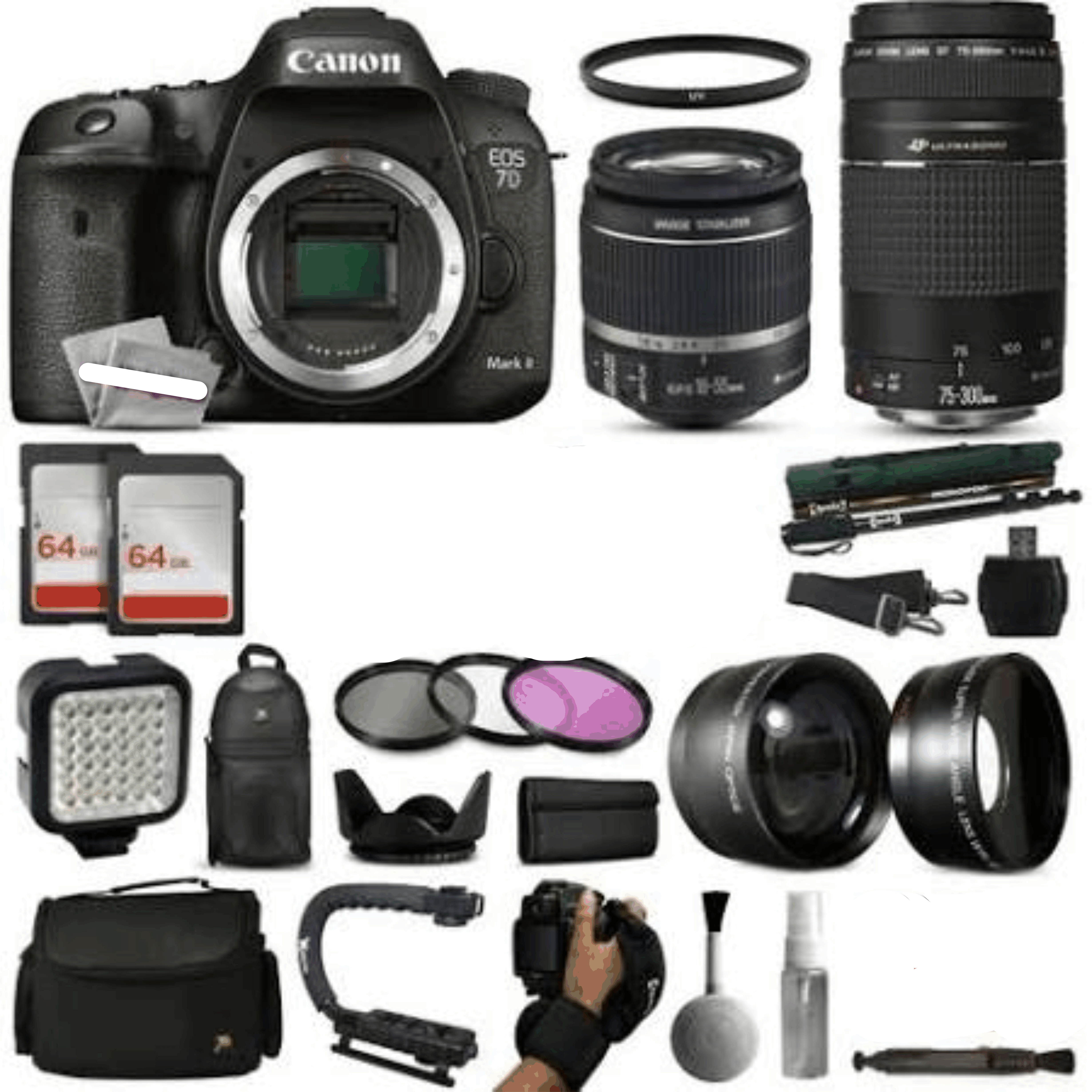 Canon EOS 7D Mark II Digital Camera + 18-55mm Is II + 75-300 III USM Lens + LED Video Light + Backpack + Filters + Case KIT 17