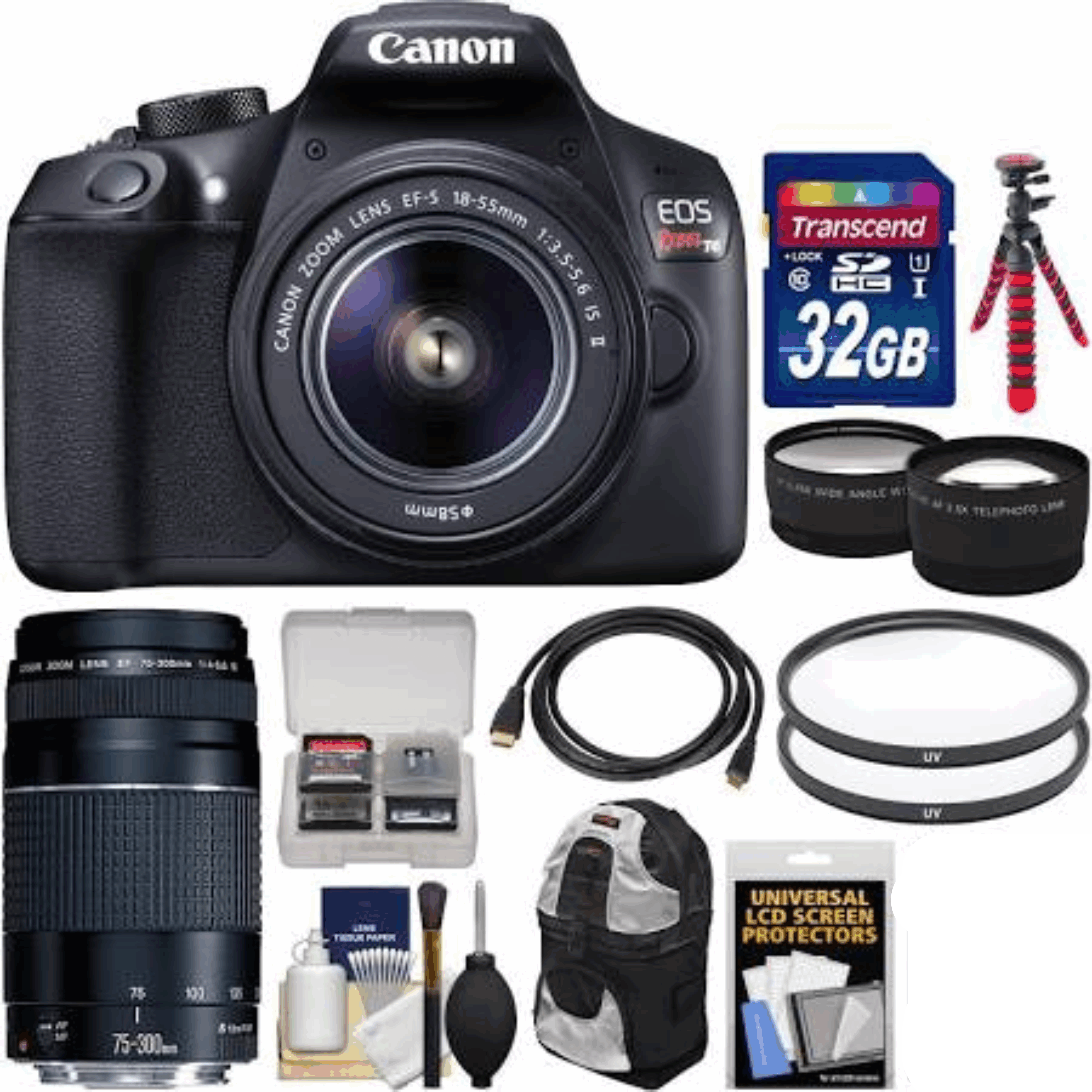 Canon EOS Rebel T6 Wi-Fi Digital SLR Camera & EF-S 18-55mm is II with 75-300mm III Lens + 32GB Card + Backpack + Battery + Tripod + Tele/Wide Lens Kit 17