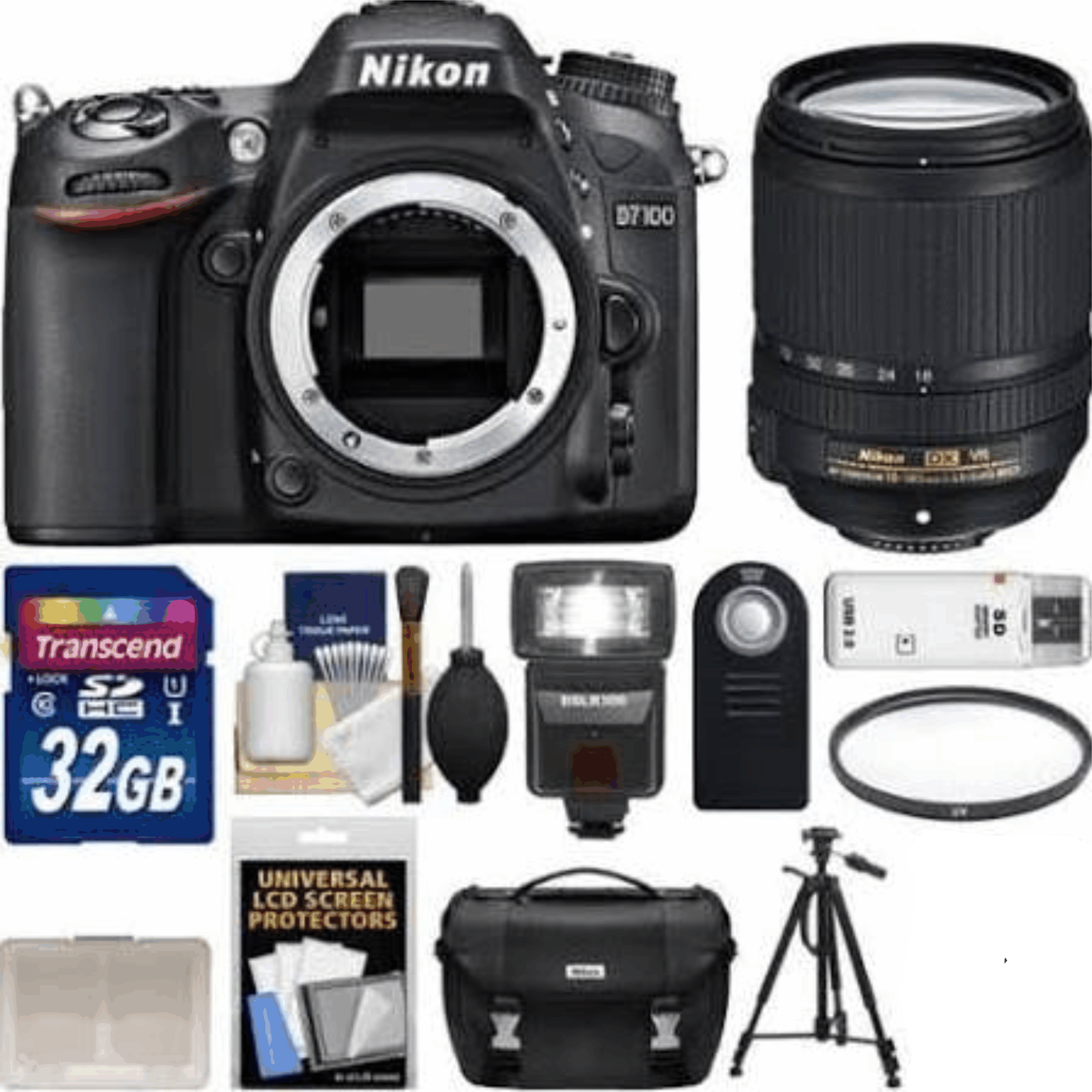 Nikon D7100 Digital SLR Camera Body with 18-140mm VR Lens + 32GB Card + Case + Flash + Filter + Tripod Kit 18