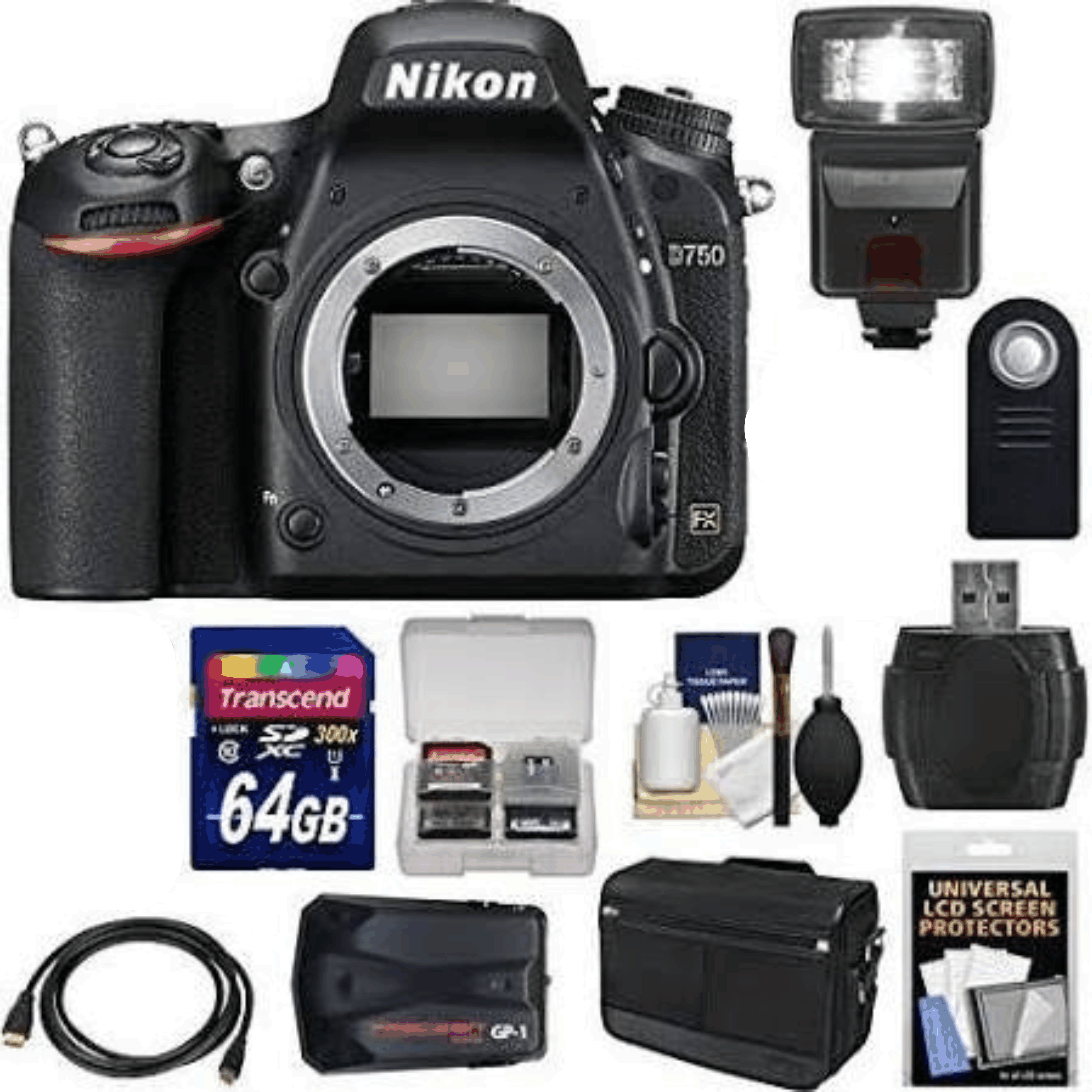 Nikon D750 Digital SLR Camera Body with 64GB Card + Messenger Bag + GPS Adapter + Flash + Kit 18