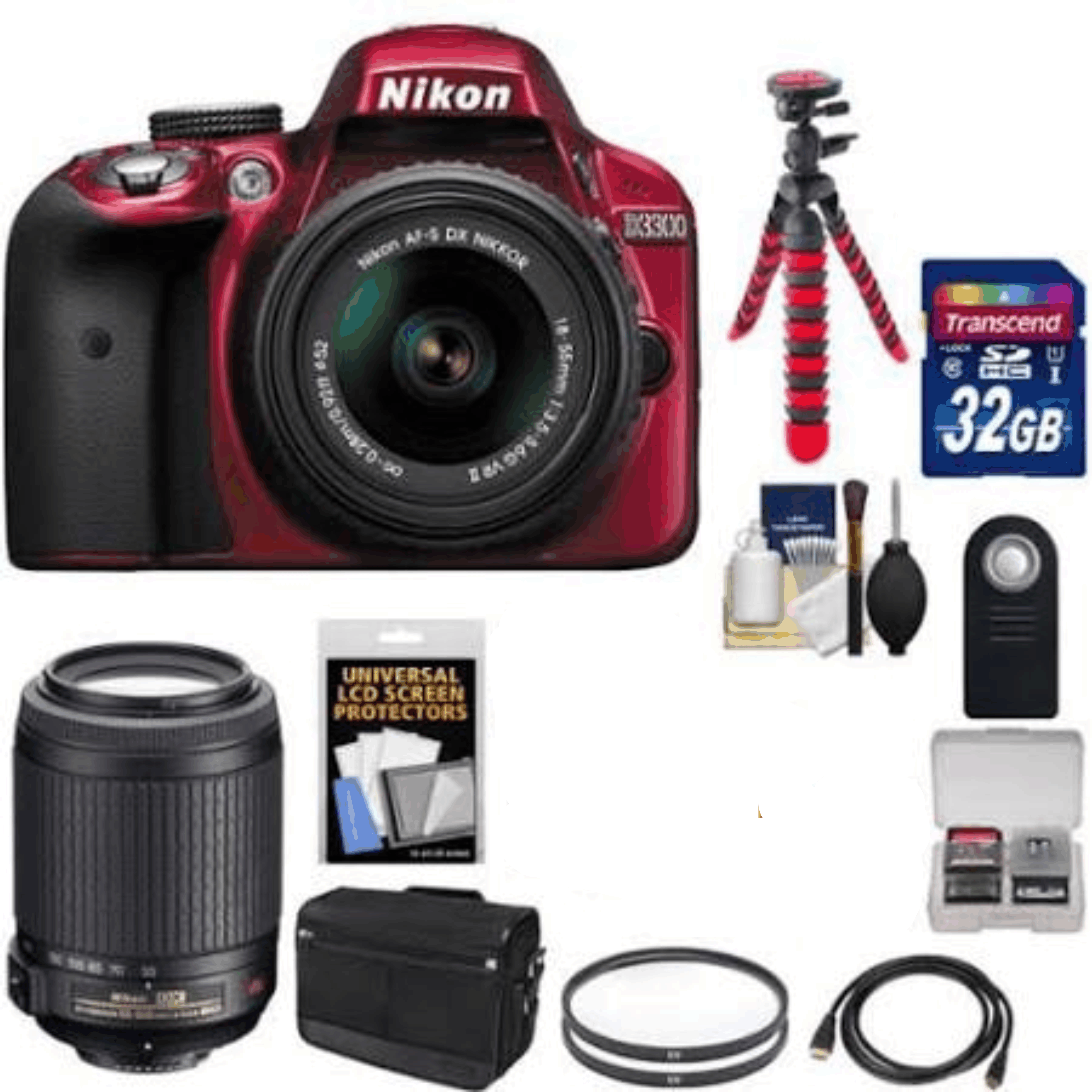 Nikon D3300 Digital SLR Camera & 18-55mm G VR DX II AF-S (Red) with 55-200mm VR II Lens + 32GB Card + Shoulder Bag + Tripod Kit 19