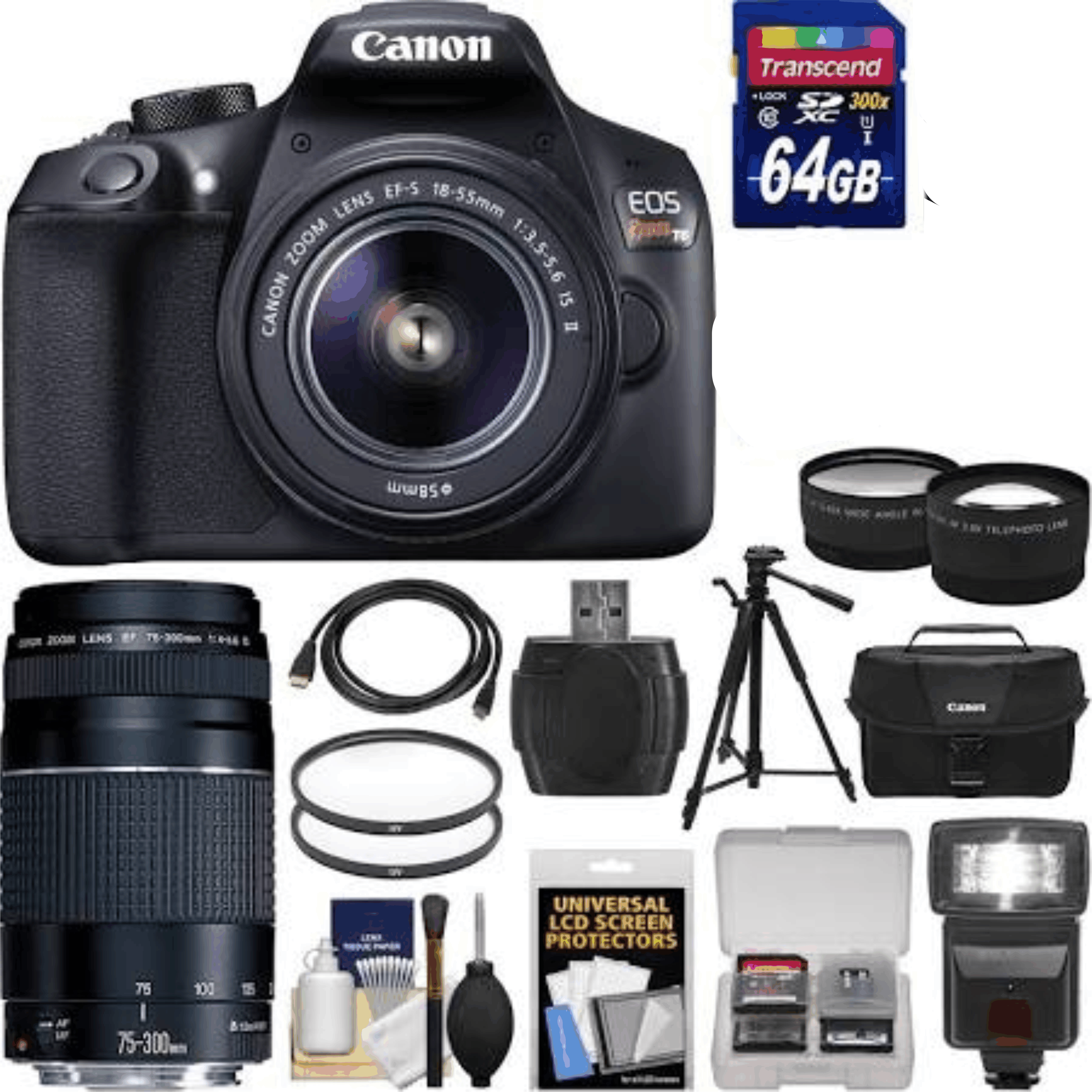 Canon EOS Rebel T6 Wi-Fi Digital SLR Camera & EF-S 18-55mm is II with 75-300mm III Lens + 64GB Card + Case + Flash + Battery & Charger + Tripod + Kit 19