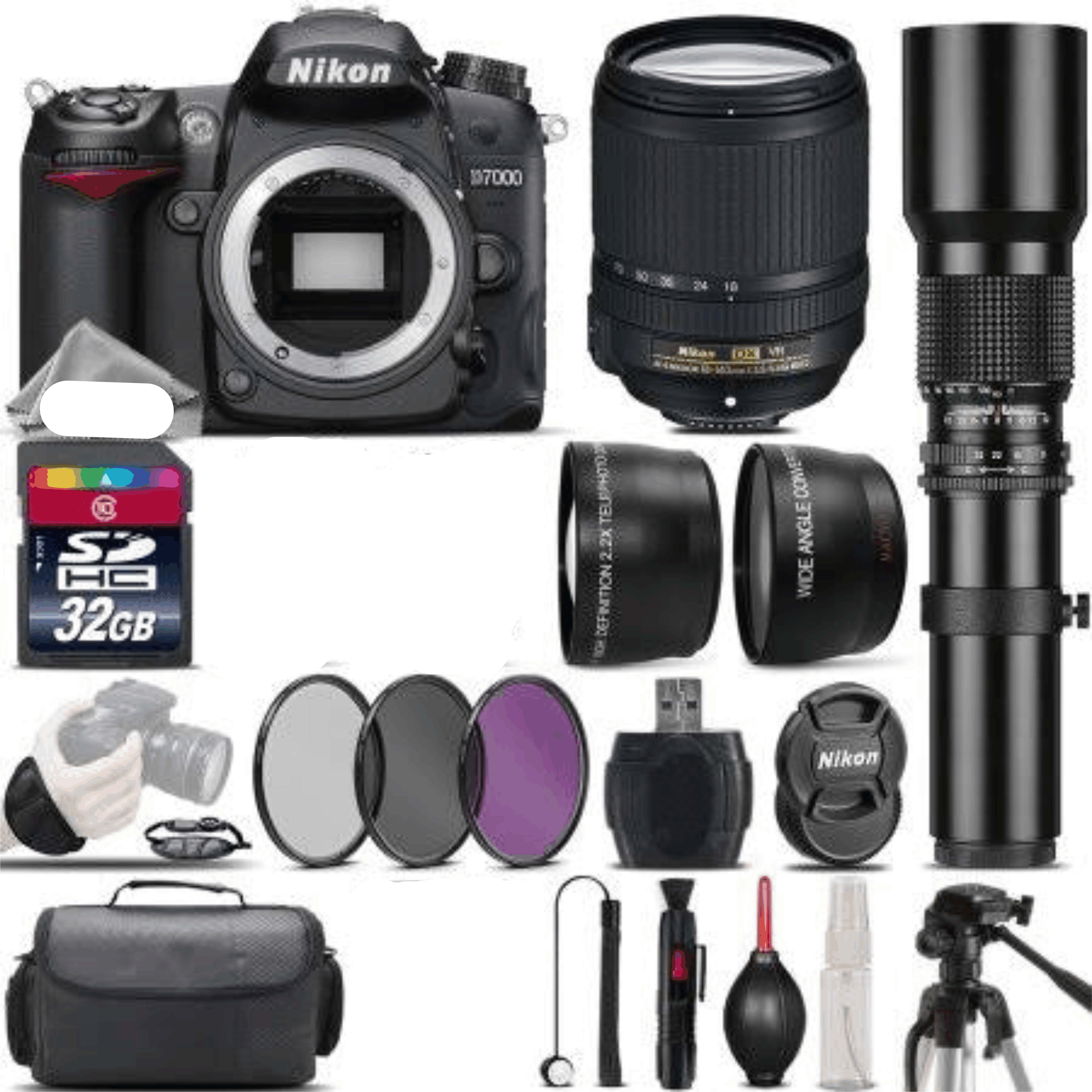 Nikon D7000 DSLR Camera + Nikon 18-140mm VR Lens + 500mm Telephoto - 32GB Kit 1