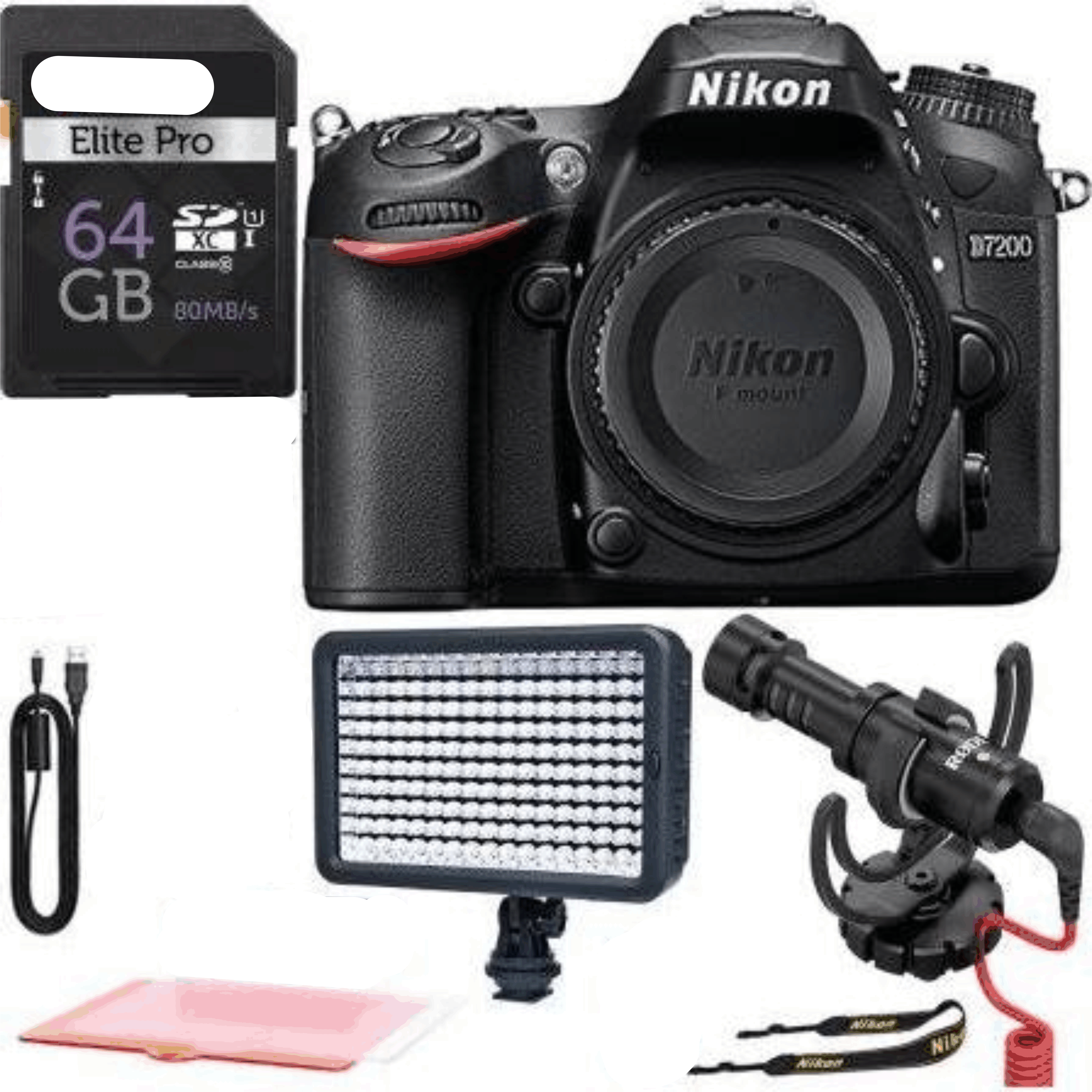 Nikon D7200 DX Format DSLR Camera Body, Rode VideoMicro Compact On Camera Microphone, Polaroid Elite Professional LED Video Light, Polaroid 64GB and Accessory Bundle kit 1