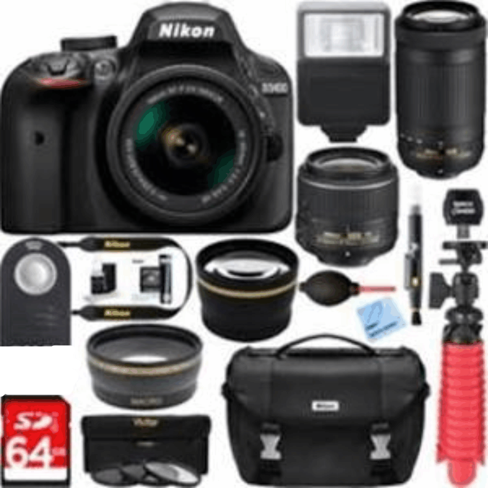 Nikon D3400 DSLR Camera w/ AF-P DX 18-55mm & 70-300mm Zoom Lens 64GB Accessory Bundle kit 1