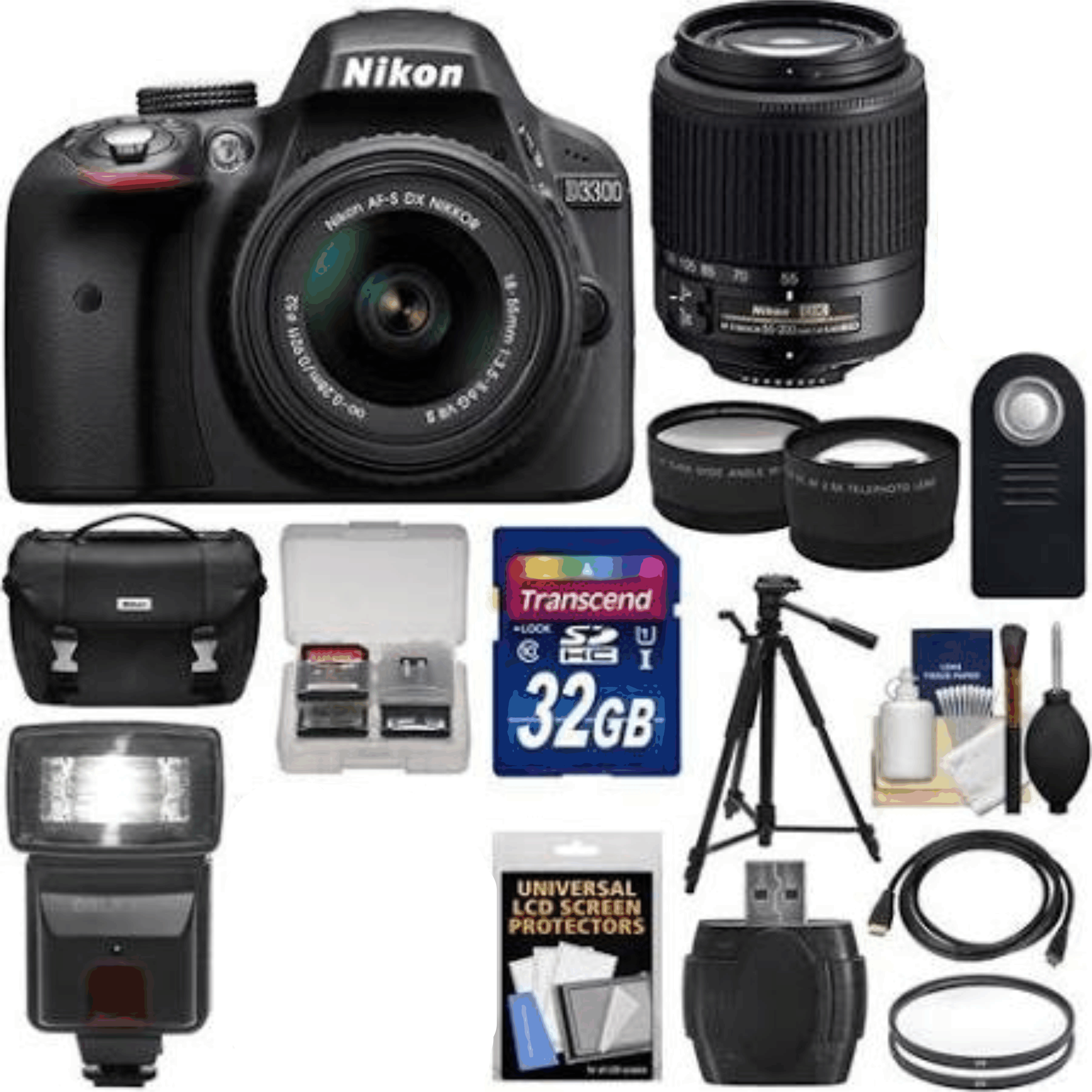 Nikon D3300 Digital SLR Camera & 18-55mm VR DX II (Black) + 55-200mm DX AF-S Lens + 32GB Card + Case + Tripod + Flash + Tele/Wide Lens Kit 20