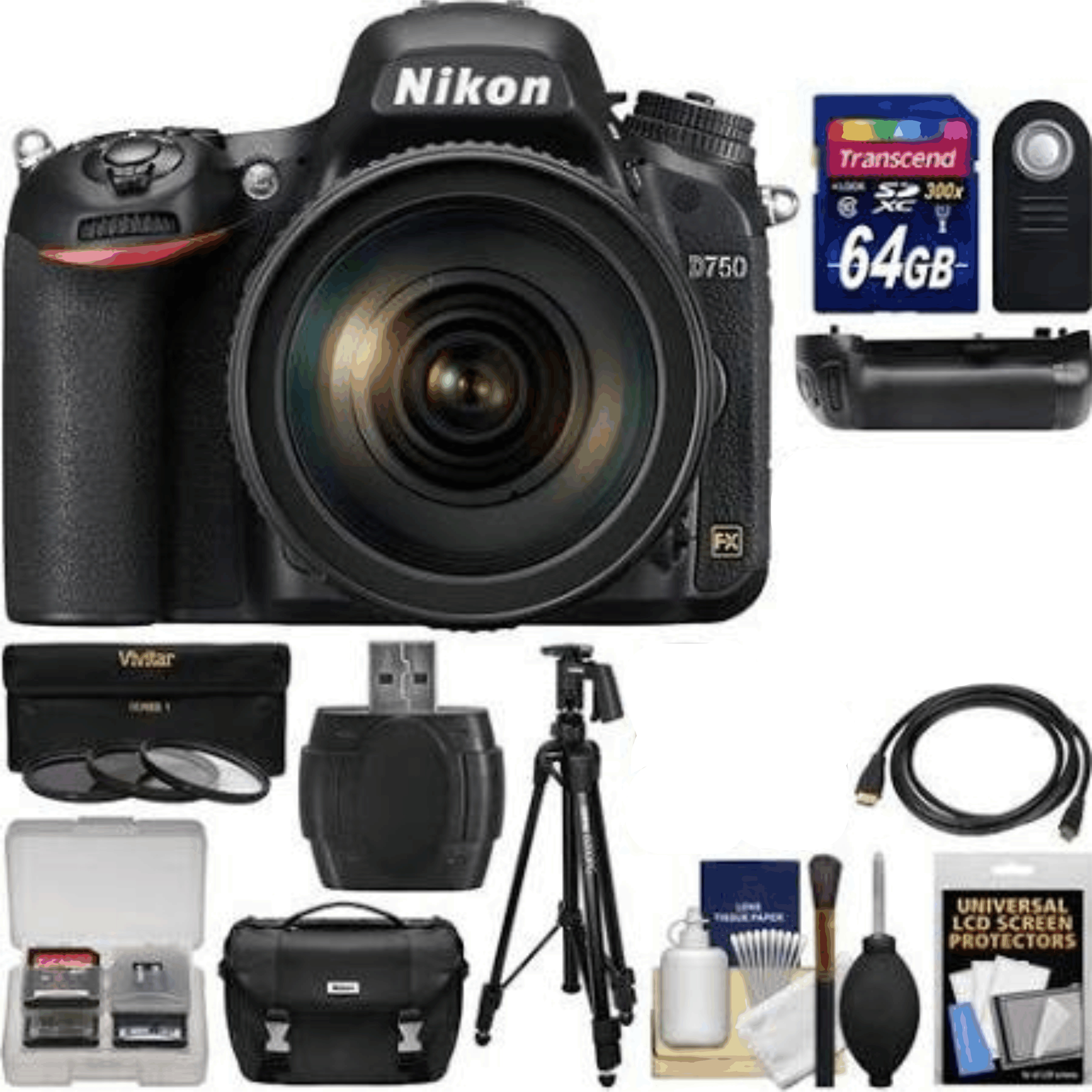 Nikon D750 Digital SLR Camera & 24-120mm f/4 VR Lens with 64GB Card + Case + Grip + Tripod + Filters + Kit 20