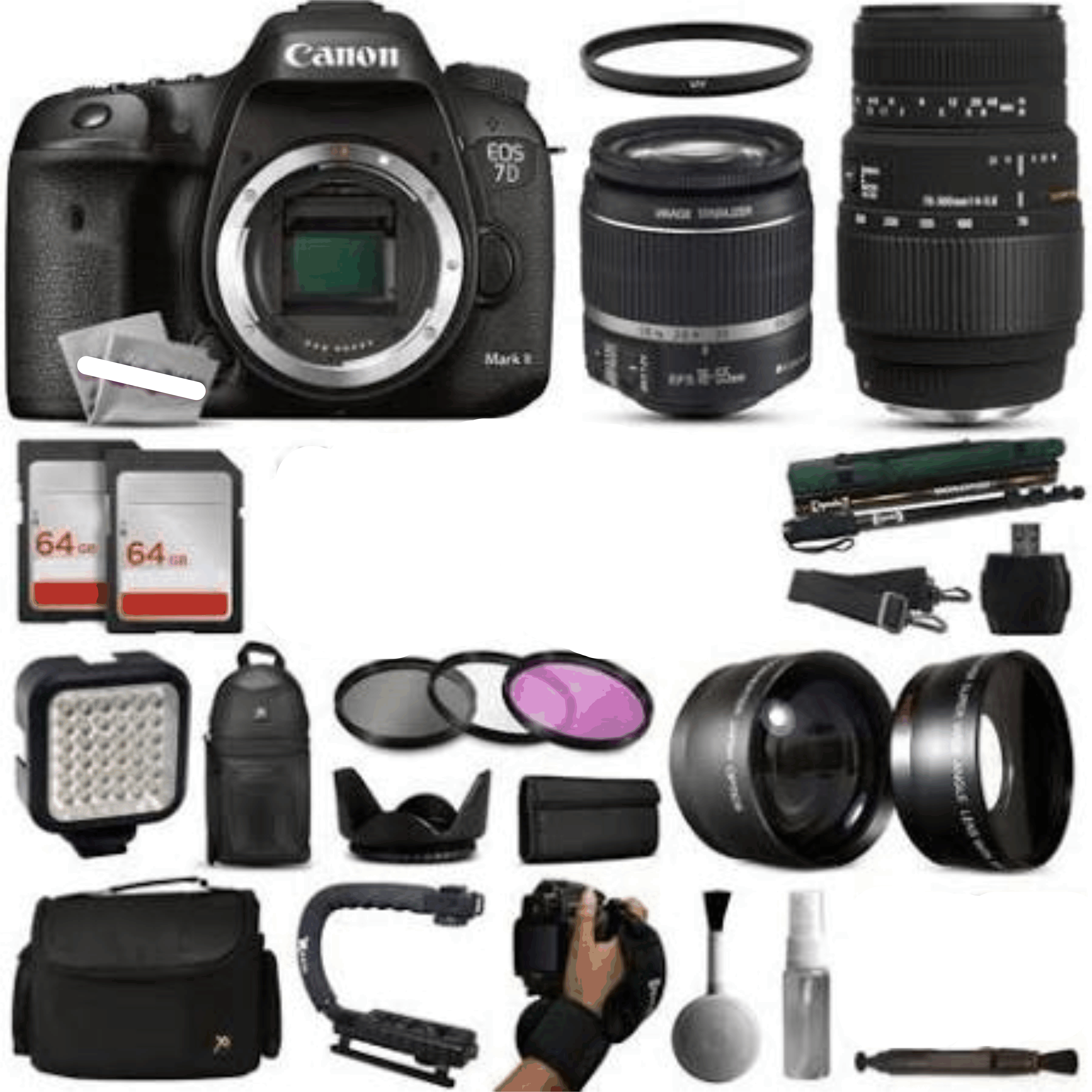 Canon EOS 7D Mark II DSLR Digital Camera + 18-55mm is II + Sigma 70-300mm Lens + 128GB Memory + LED Video Light + Backpack KIT 20