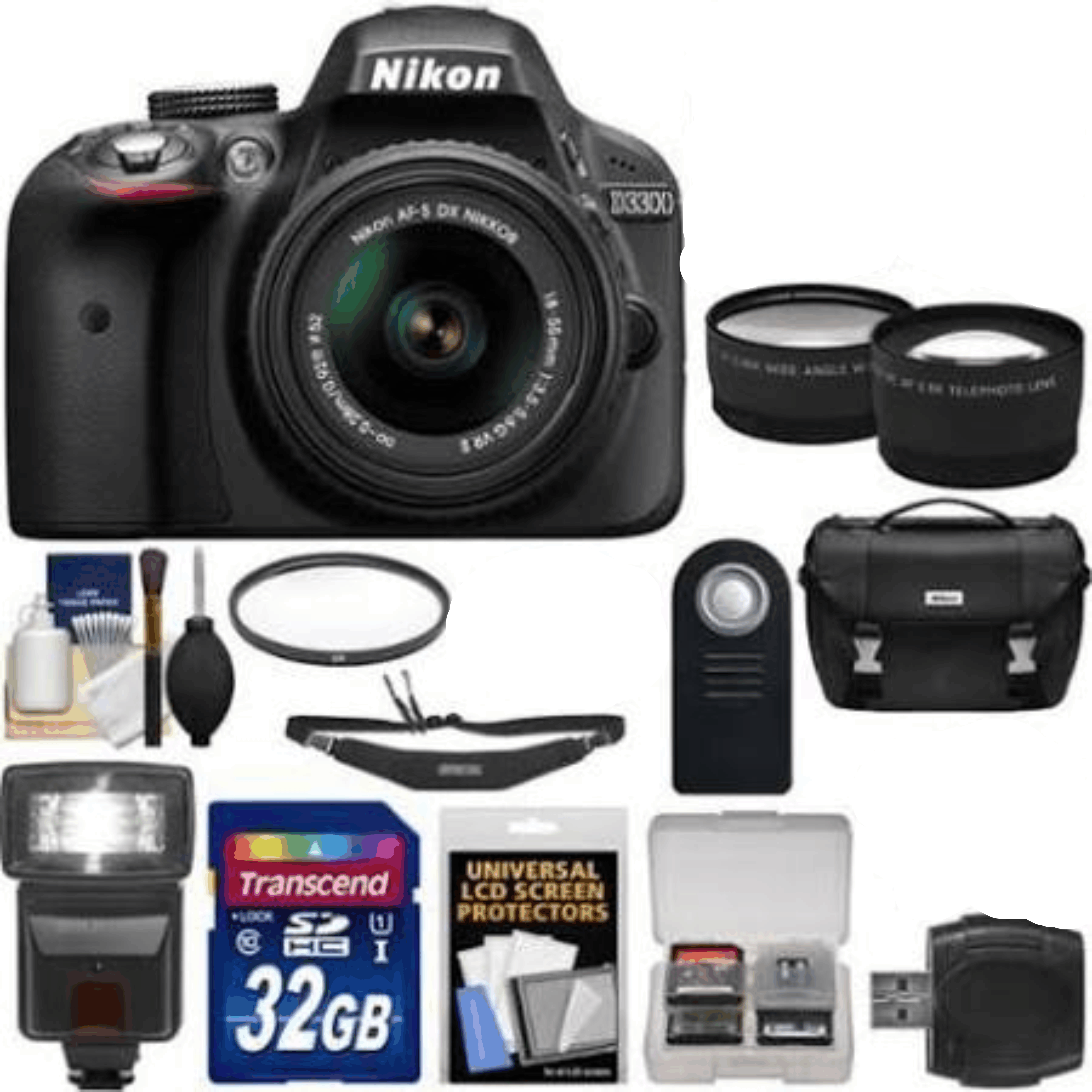 Nikon D3300 Digital SLR Camera & 18-55mm G VR DX II Lens (Black) with WU-1a Wi-Fi Adapter + 32GB Card + Case + Flash + 2 Lens Kit 21