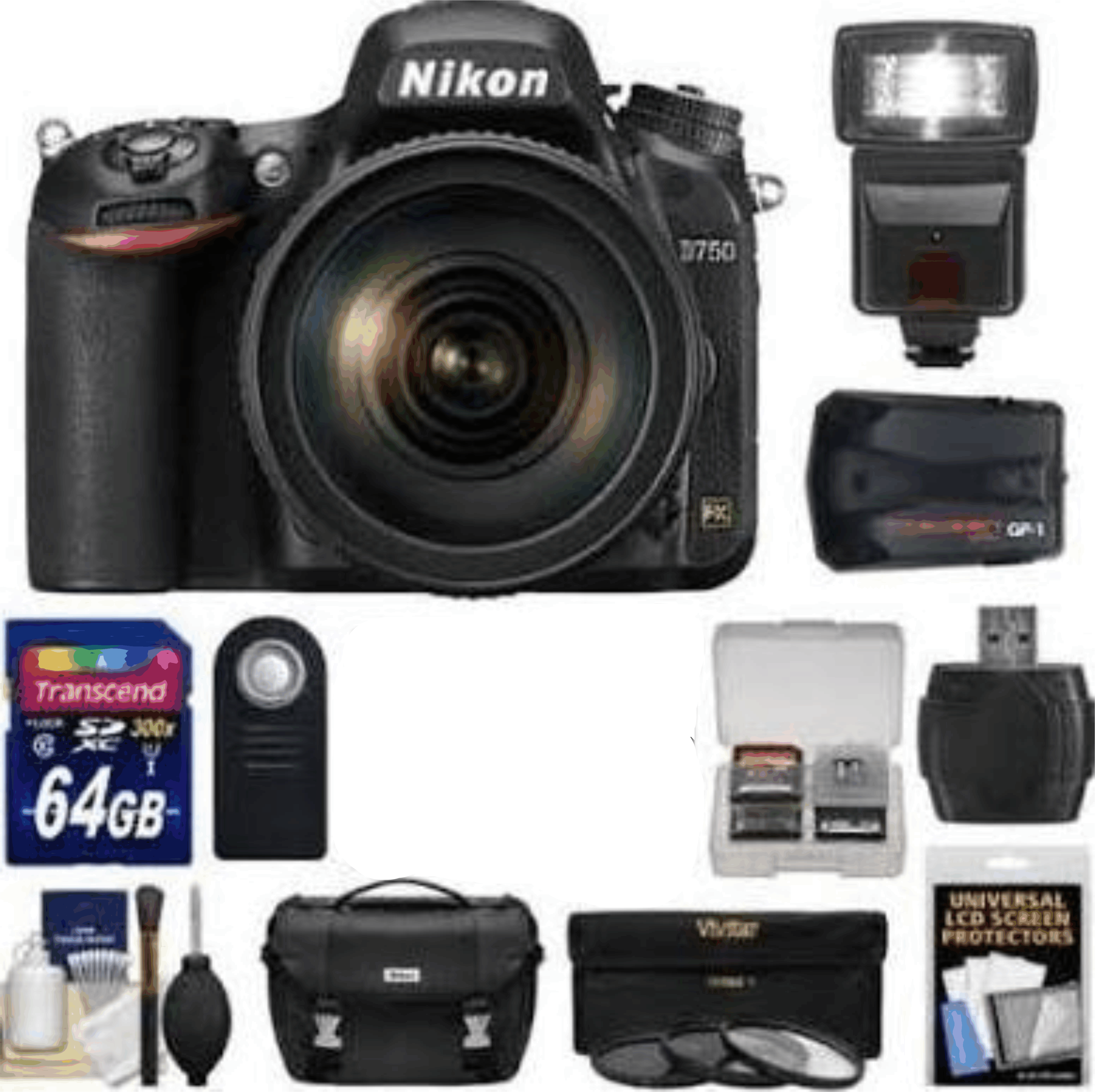 Nikon D750 Digital SLR Camera & 24-120mm f/4 VR Lens with 64GB Card + Case + GPS Adapter + Filters + Flash + Kit 21