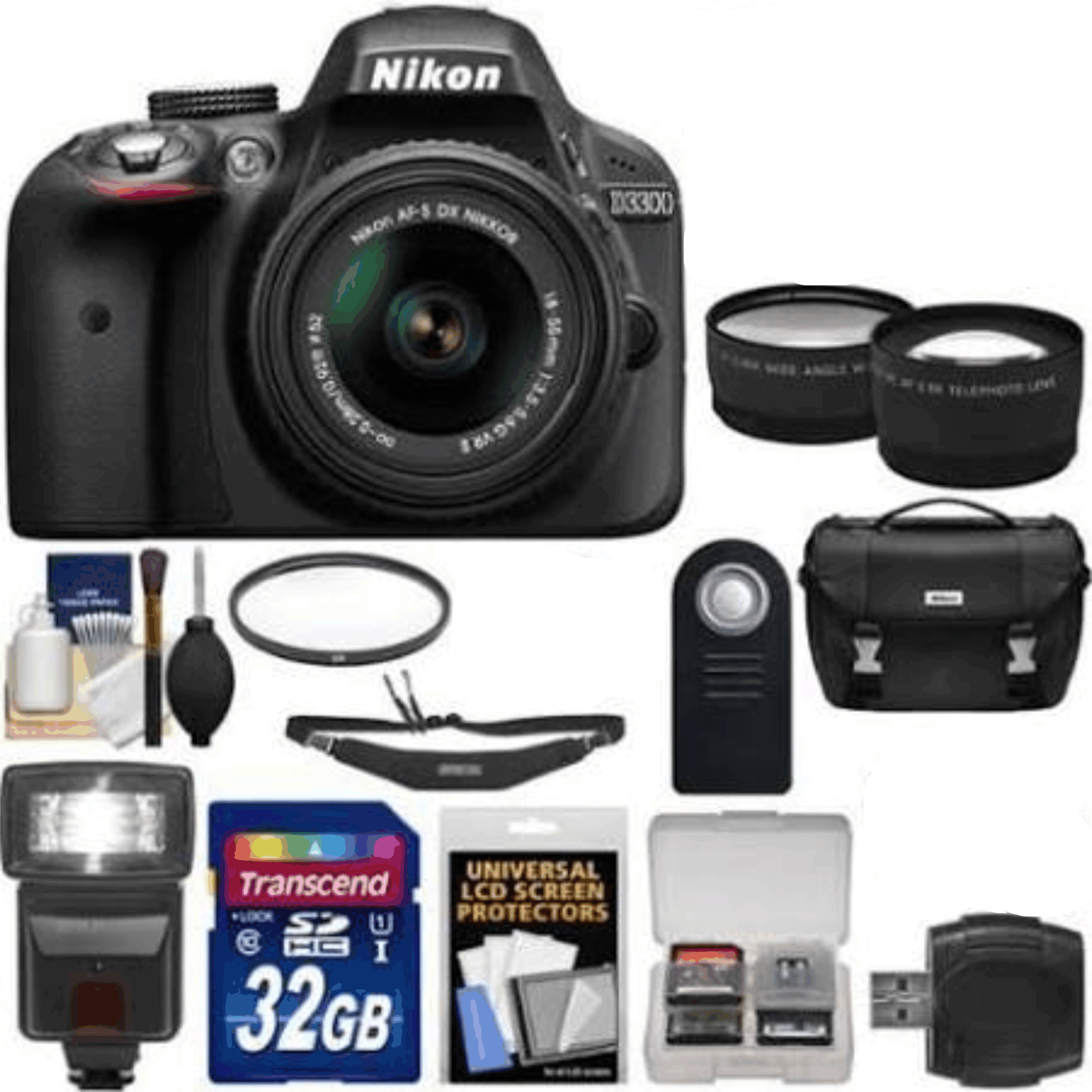 Nikon D3300 Digital SLR Camera & 18-55mm G VR DX II Lens (Black) with WU-1a Wi-Fi Adapter + 32GB Card + Case + Flash + 2 Lens Kit 22