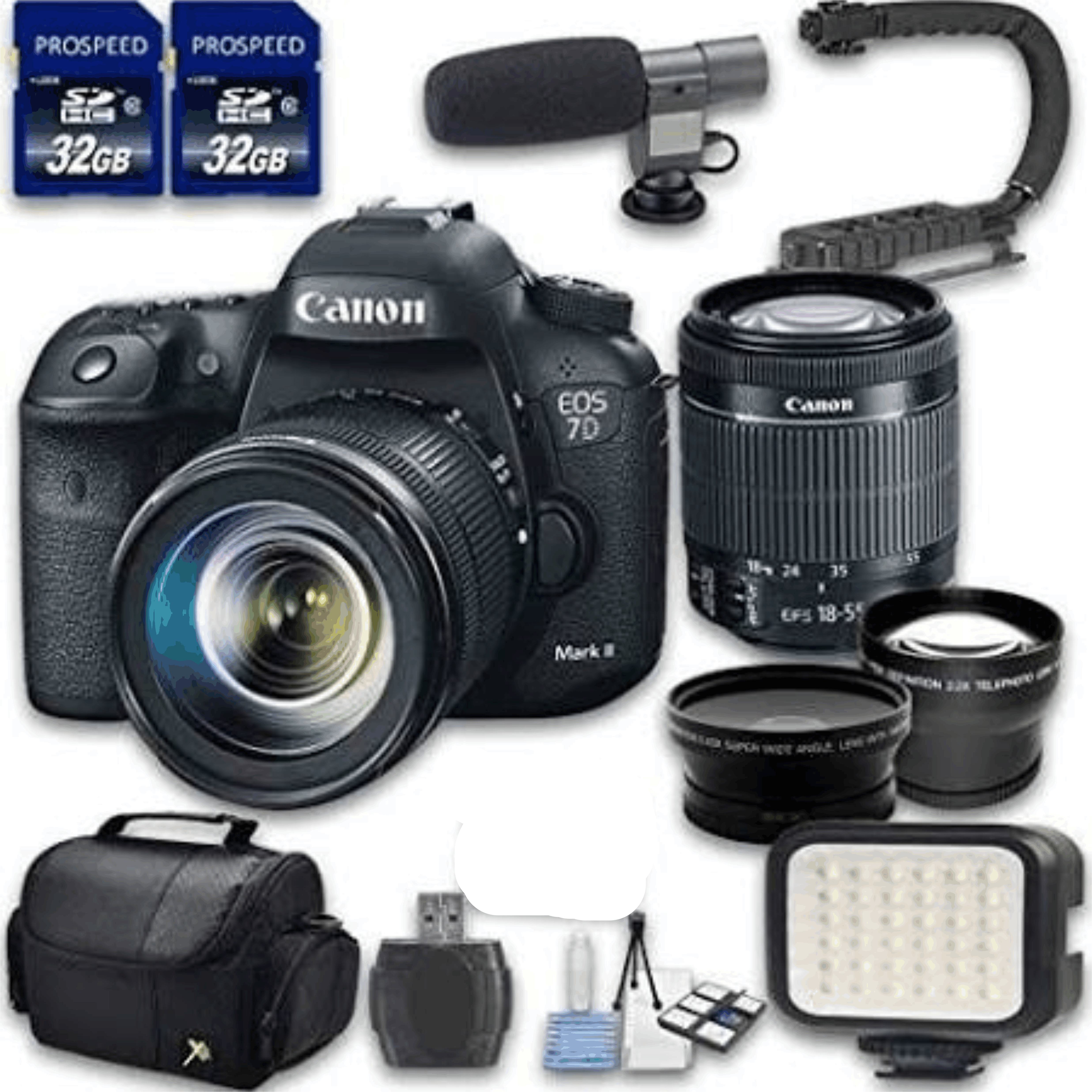 Canon EOS 7D Mark II DSLR Camera Bundle with Canon EF-S 18-55mm f/3.5-5.6 Is STM Lens +Wideangle + Telephoto Lenses + LED Light + 2 PC 32 Cards KIT 22