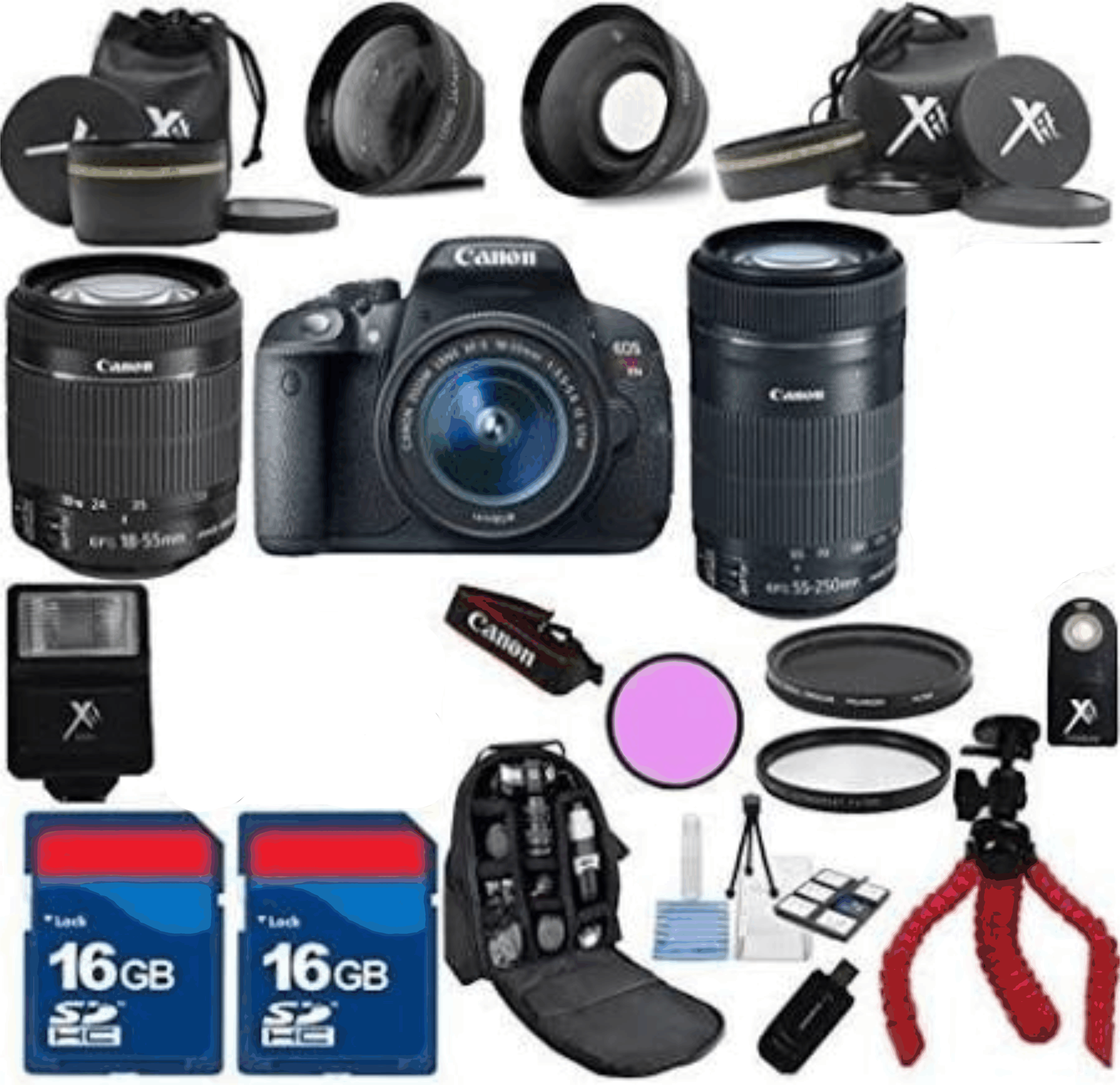 Canon T5i Camera Body with 18-55mm is STM + 55-250mm is STM Zoom + 3PC Filter Kit + Wide Angle + 2pcs 16GB Memory kit 23