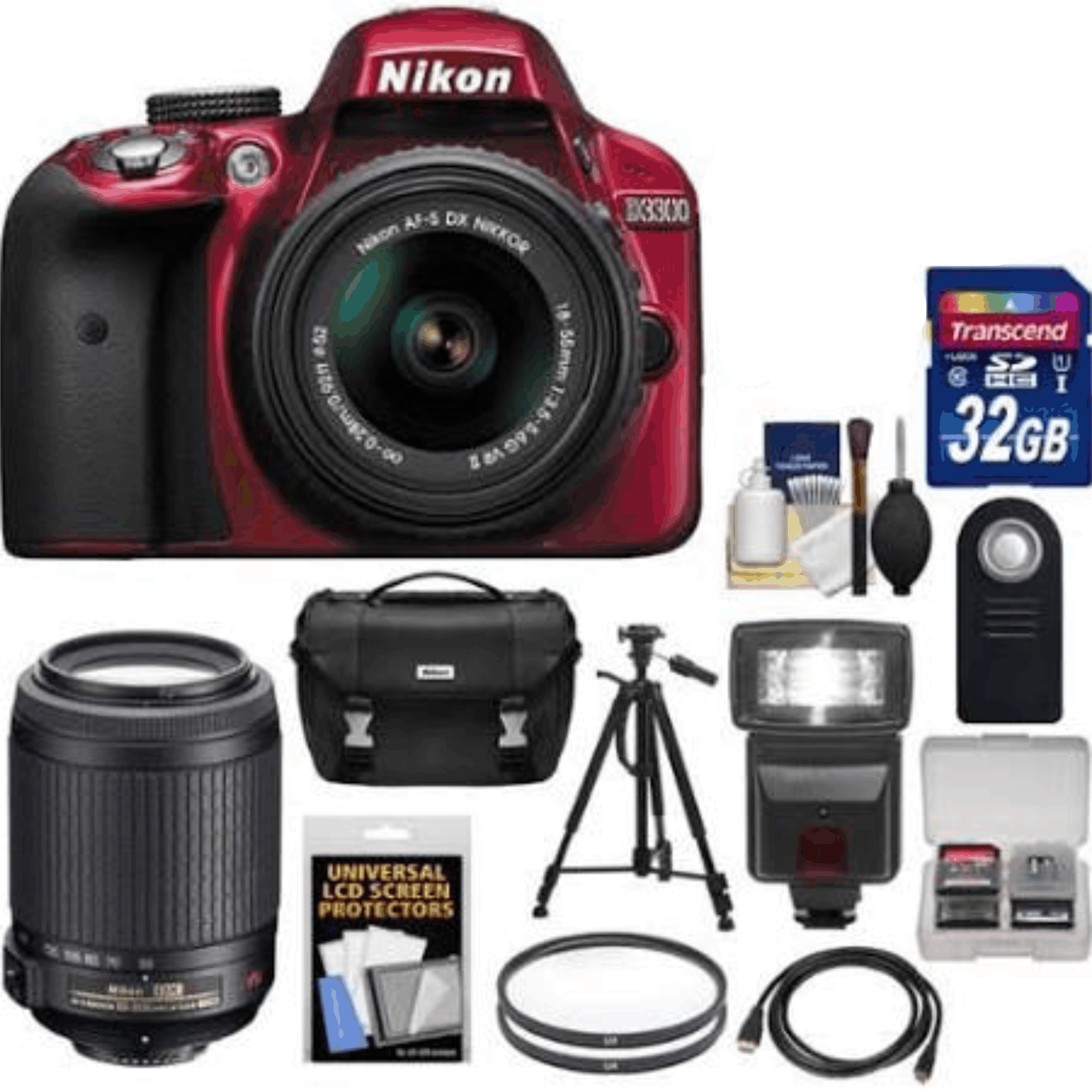 Nikon D3300 Digital SLR Camera & 18-55mm G VR DX II AF-S (Red) with 55-200mm VR II Lens + 32GB Card + Case + Flash + Tripod Kit 24