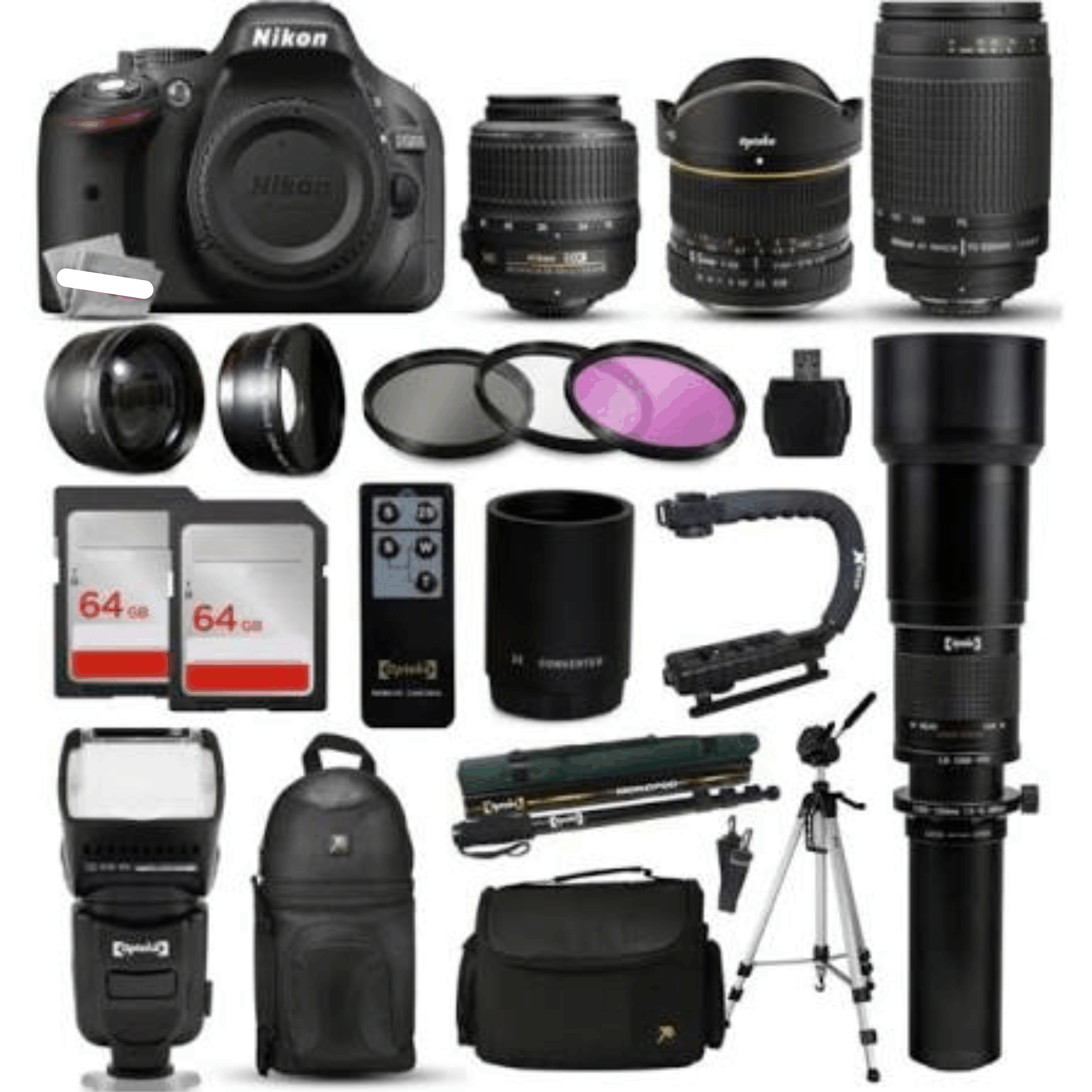 Nikon D5200 DSLR Digital Camera + 18-55mm VR + 6.5mm Fisheye + 55-300mm VR + 650-2600mm Lens + 3 Piece Filter Kit + 128GB Memory KIT 24