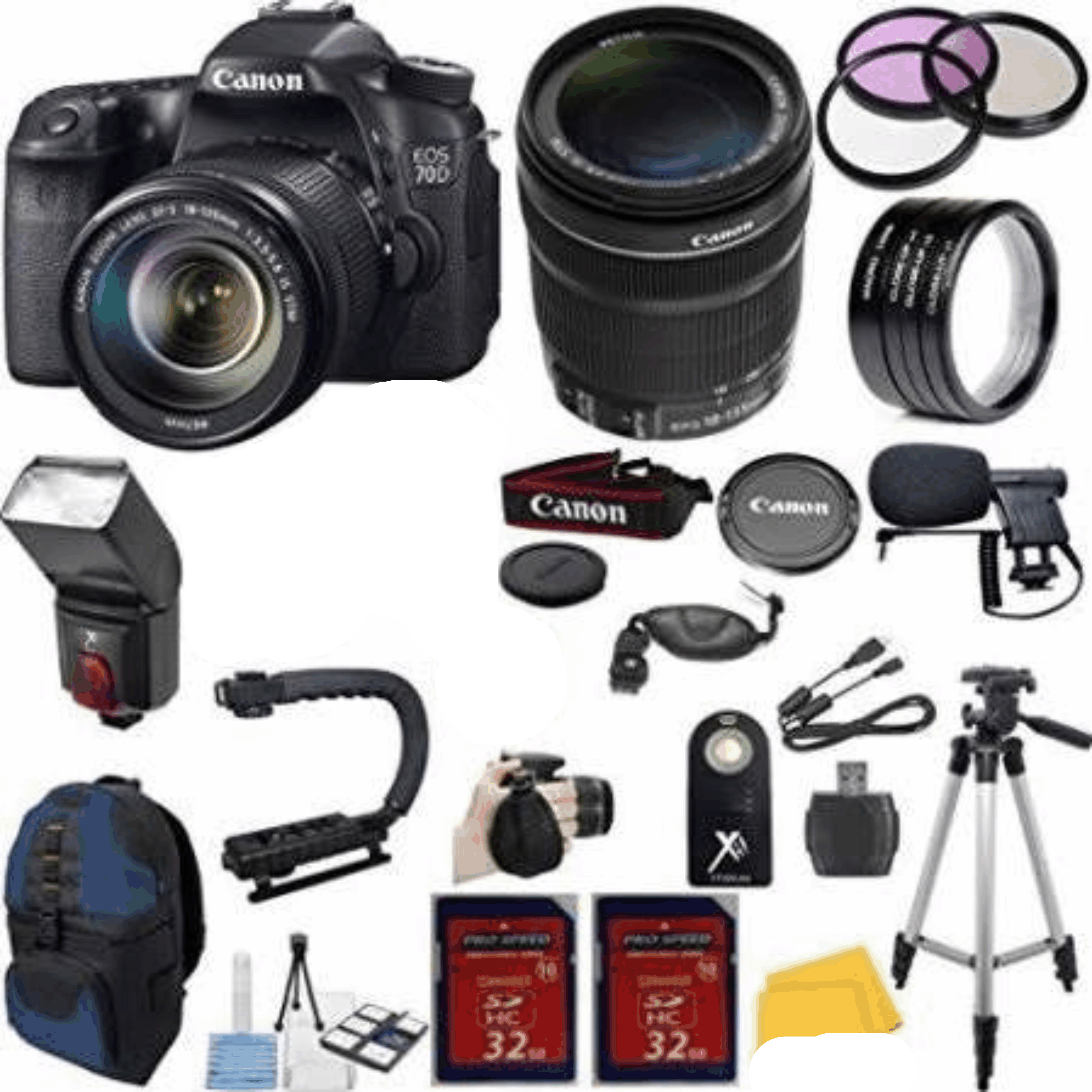 Canon EOS 70D Digital SLR Camera with 18-135mm STM Lens  with Dedicated Flash + Mini-Microphone + 64GB Memory + 4pc Macro Lenses kit 24