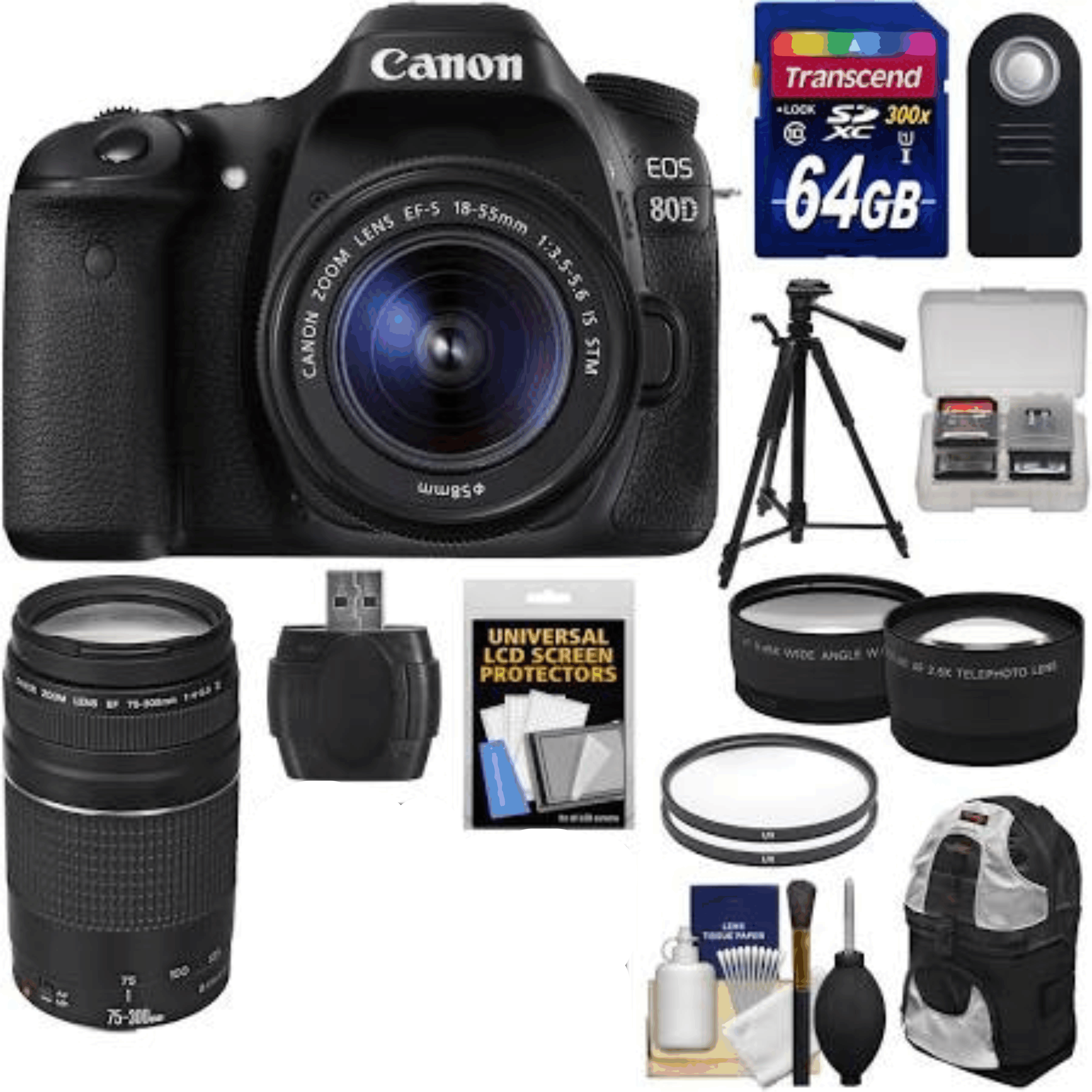 Canon EOS 80D Wi-Fi Digital SLR Camera & EF-S 18-55mm is STM + 75-300mm III Lens + 64GB  + Backpack + Tripod + Tele/Wide Lens Kit 24