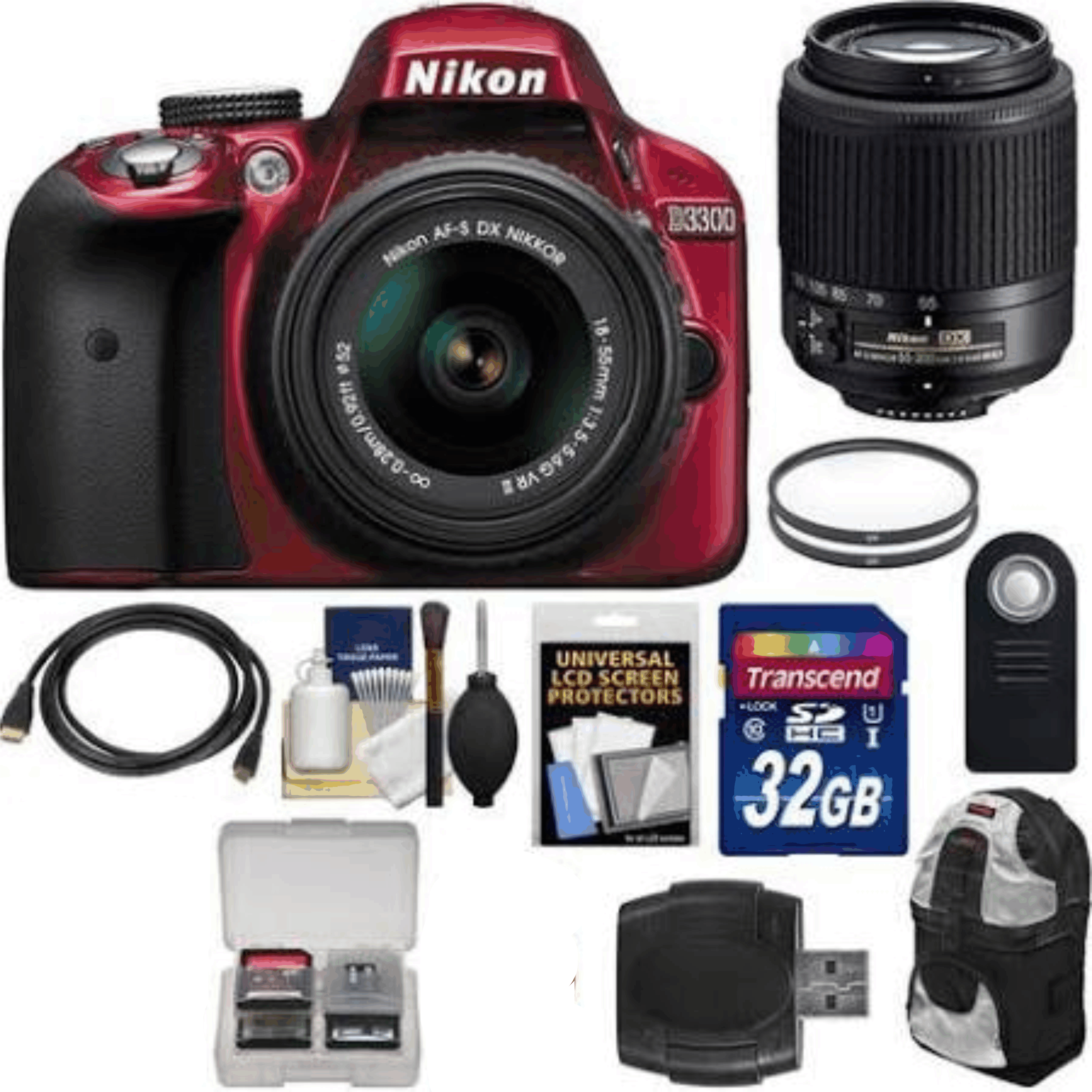 Nikon D3300 Digital SLR Camera & 18-55mm G VR DX II AF-S (Red) with 55-200mm DX AF-S Lens + 32GB Card + Backpack + Filters Kit 25