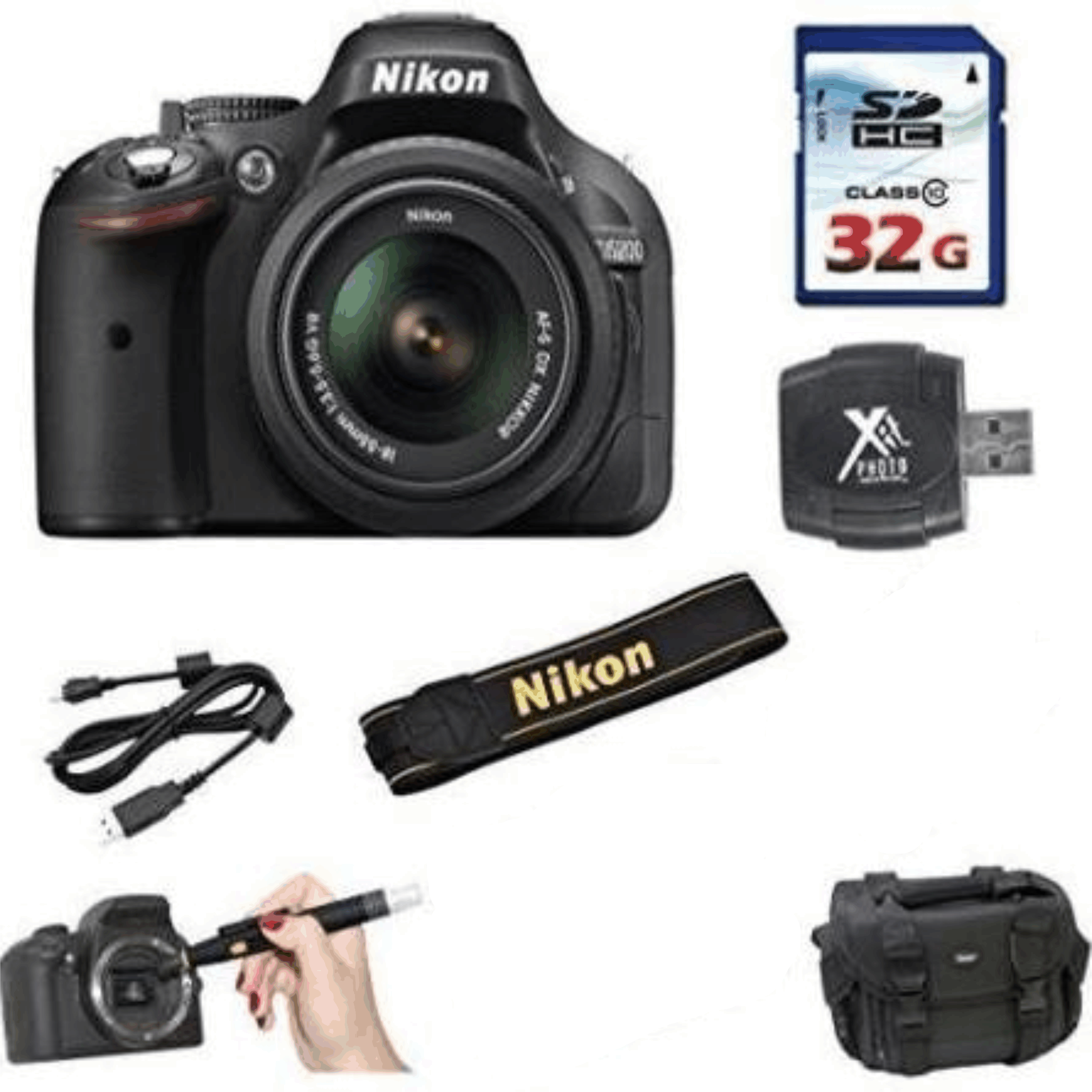 Nikon D5200 DSLR Body + Nikon 18-55mm VR Lens + 32GB Class 10 Memory Card + Deluxe Case + High Speed Card Reader + 2 in 1 Lens Cleaning Pen, Black KIT 25