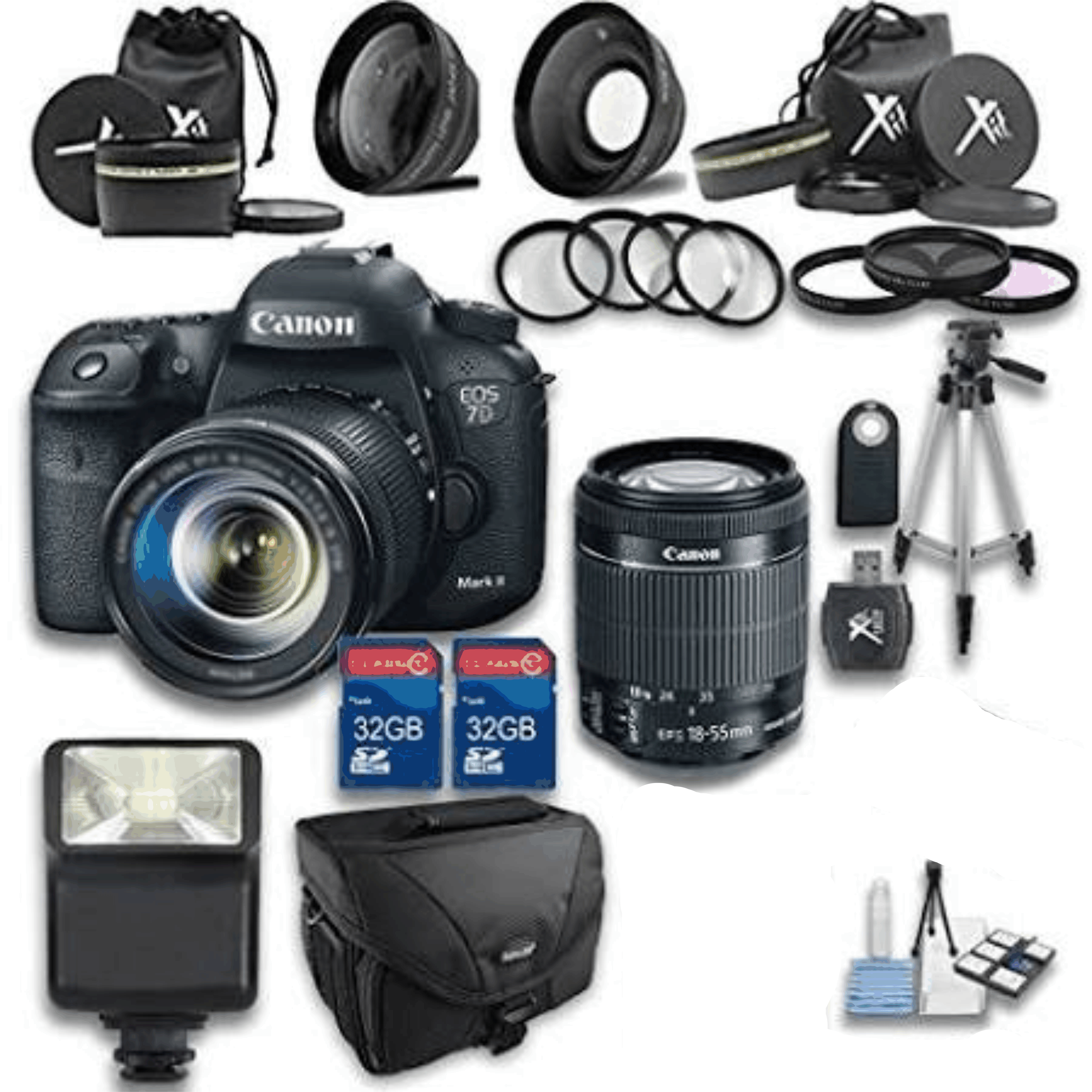 Canon 7D Mark II STM DSLR Camera +18-55mm Is STM Lens + Wideangle Lens + Telephoto Lens + 2 PC 32GB Memory Card + 4 PC Macro Bundle + Flash Light KIT 25