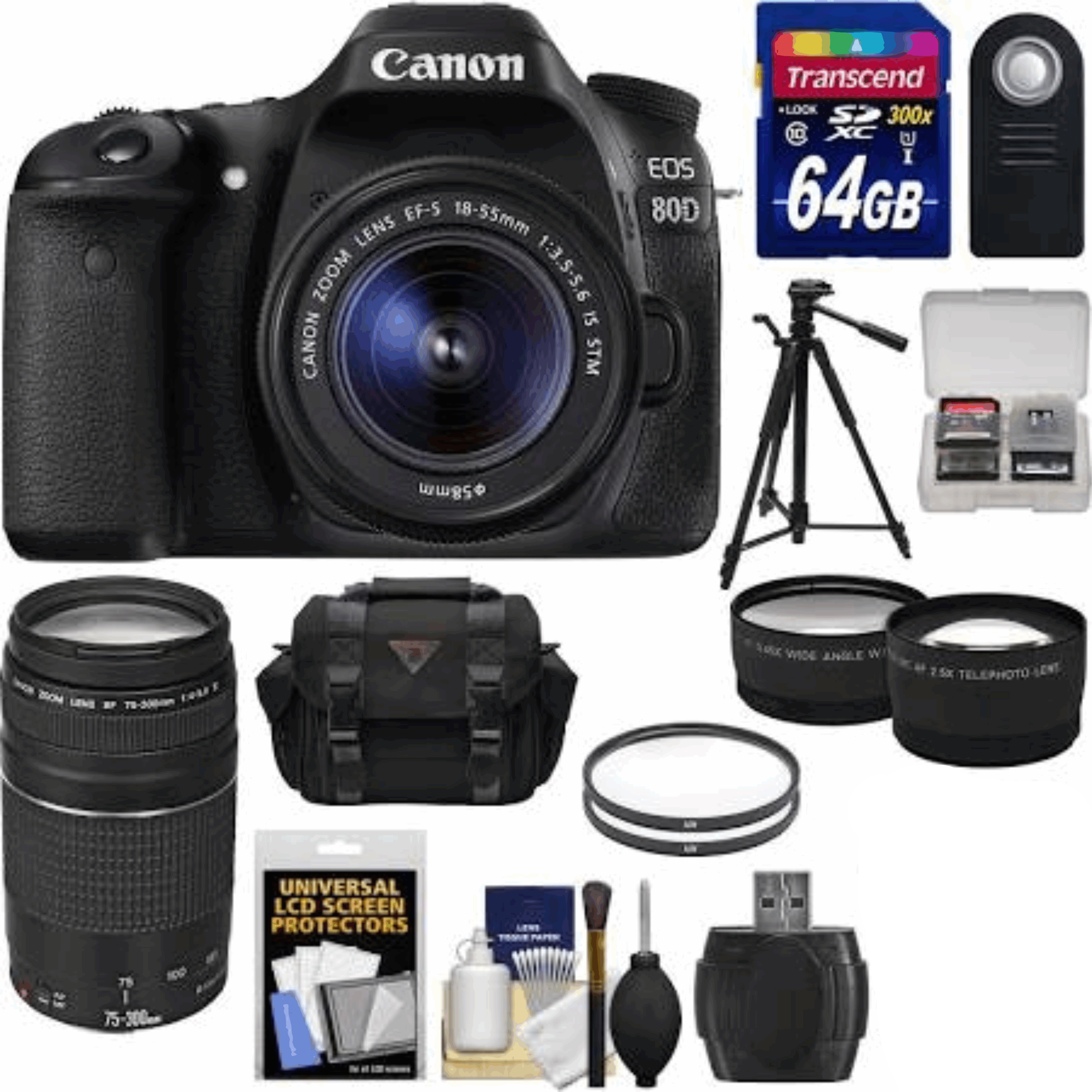 Canon EOS 80D Wi-Fi Camera + EF-S 18-55 is STM Lens + 75-300 III Lens + 64GB + Case + Tripod + Tele/Wide Lens Kit 25