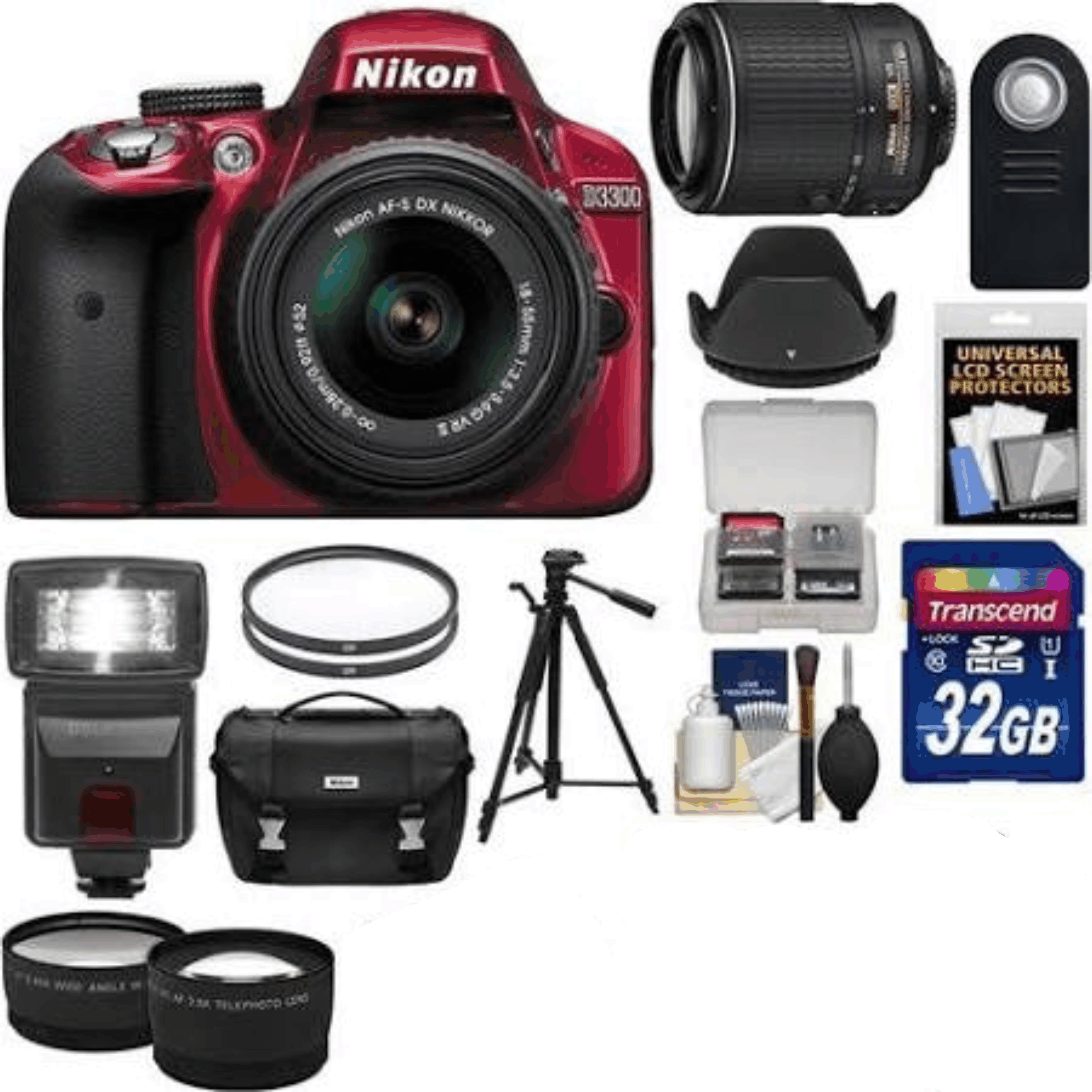 Nikon D3300 Digital SLR Camera & 18-55mm (Red) & 55-200mm VR II Lens + WU-1a Wi-Fi Adapter + 32GB + Case + Tripod + Flash + 2 Lens Kit 26