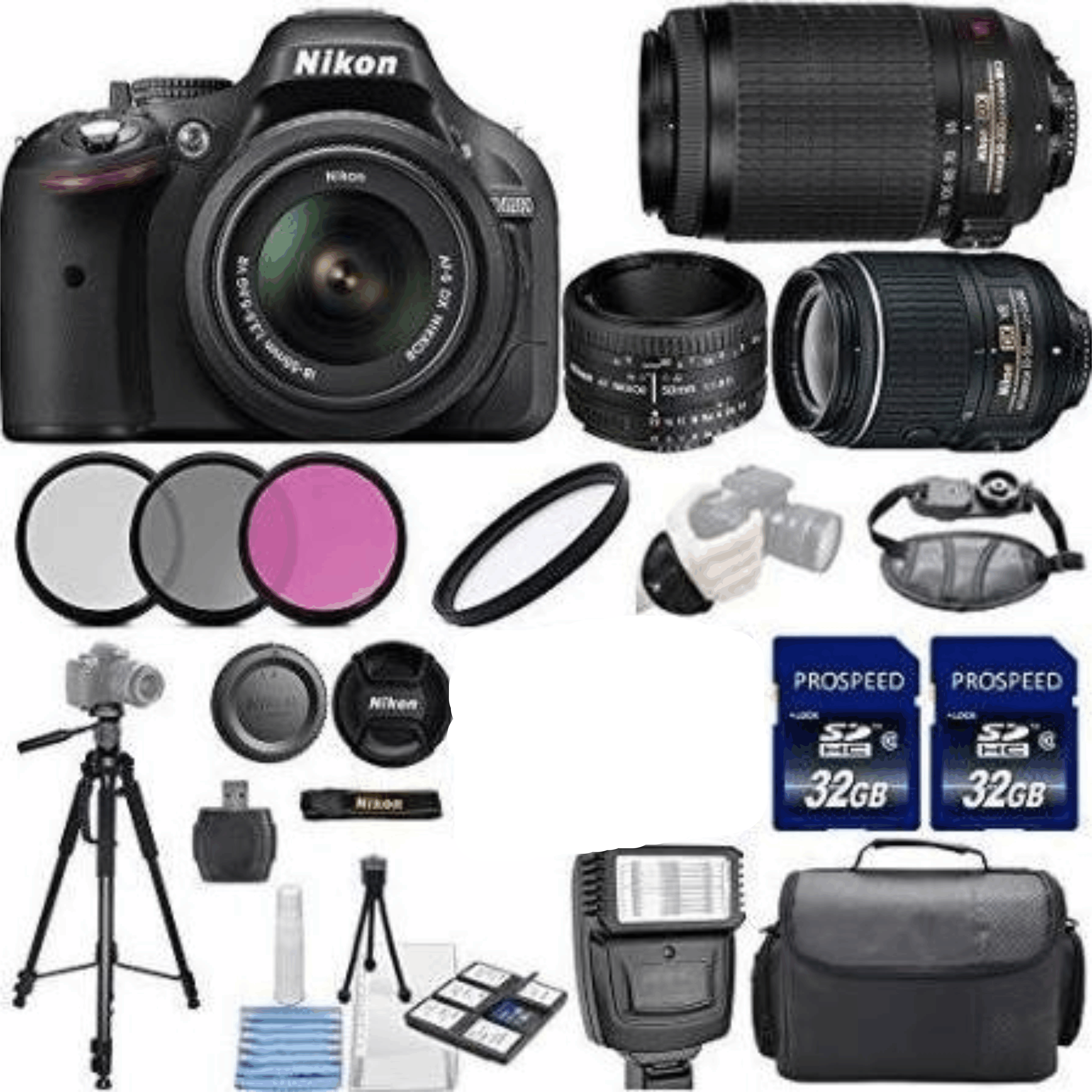 Nikon D5200 DSLR Camera + 18-55mm VR II + 55-200mm VR II + 50mm 1.8D + 2 Pcs 32GB Memory Cards + Flash + Multi-Coated 3 Piece Filter Kit + Case KIT 26