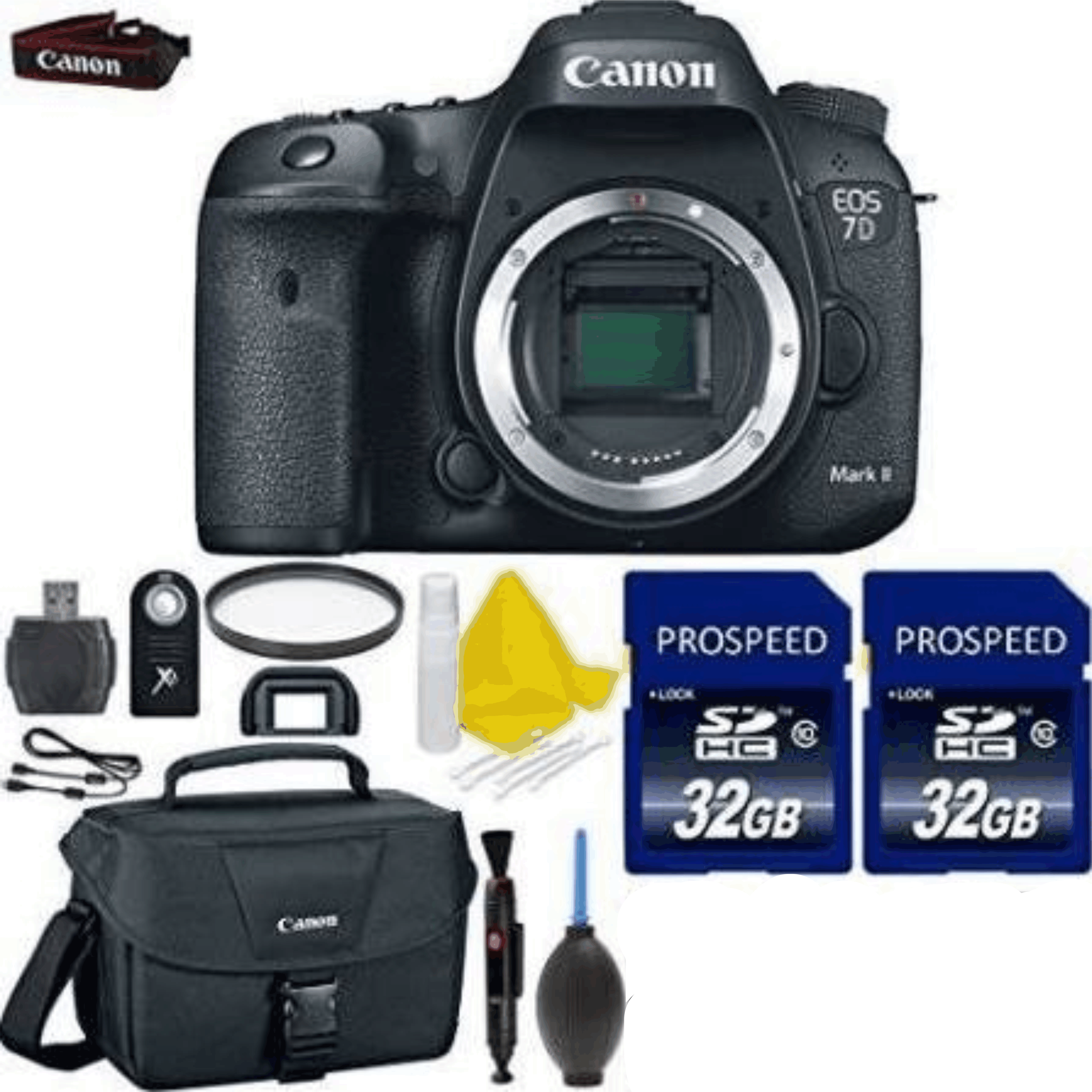 Canon EOS 7D Mark II Digital SLR Camera 20.2 MP CMOS + 2pc High Speed 32GB Memory Cards + UV Filter + Canon Case + 2 in 1 Lens Cleaning Pen KIT 26