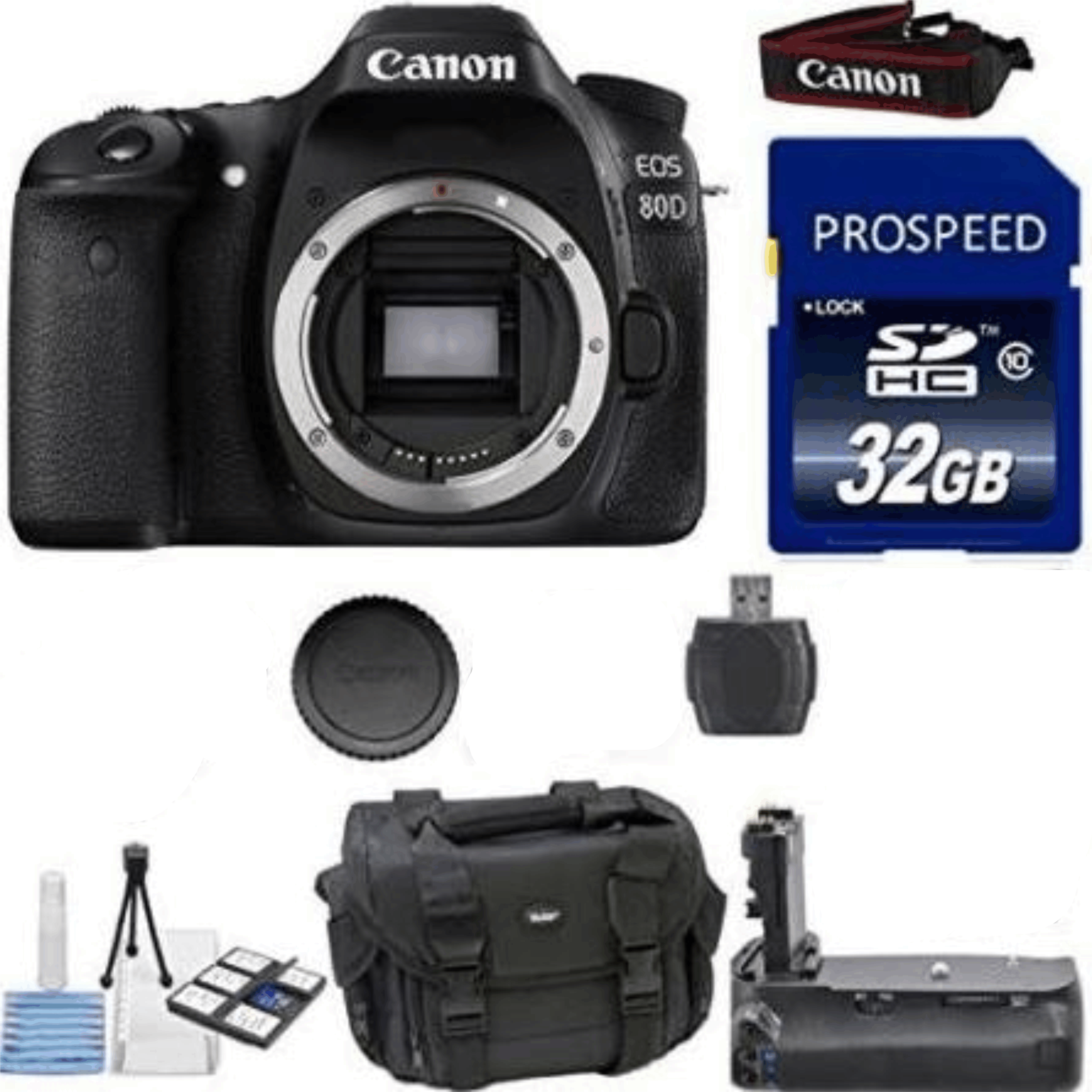 Canon EOS 80D Digital SLR Camera Body + Deluxe Power Grip + Deluxe Camera Case + 32GB Memory Card KIT 26