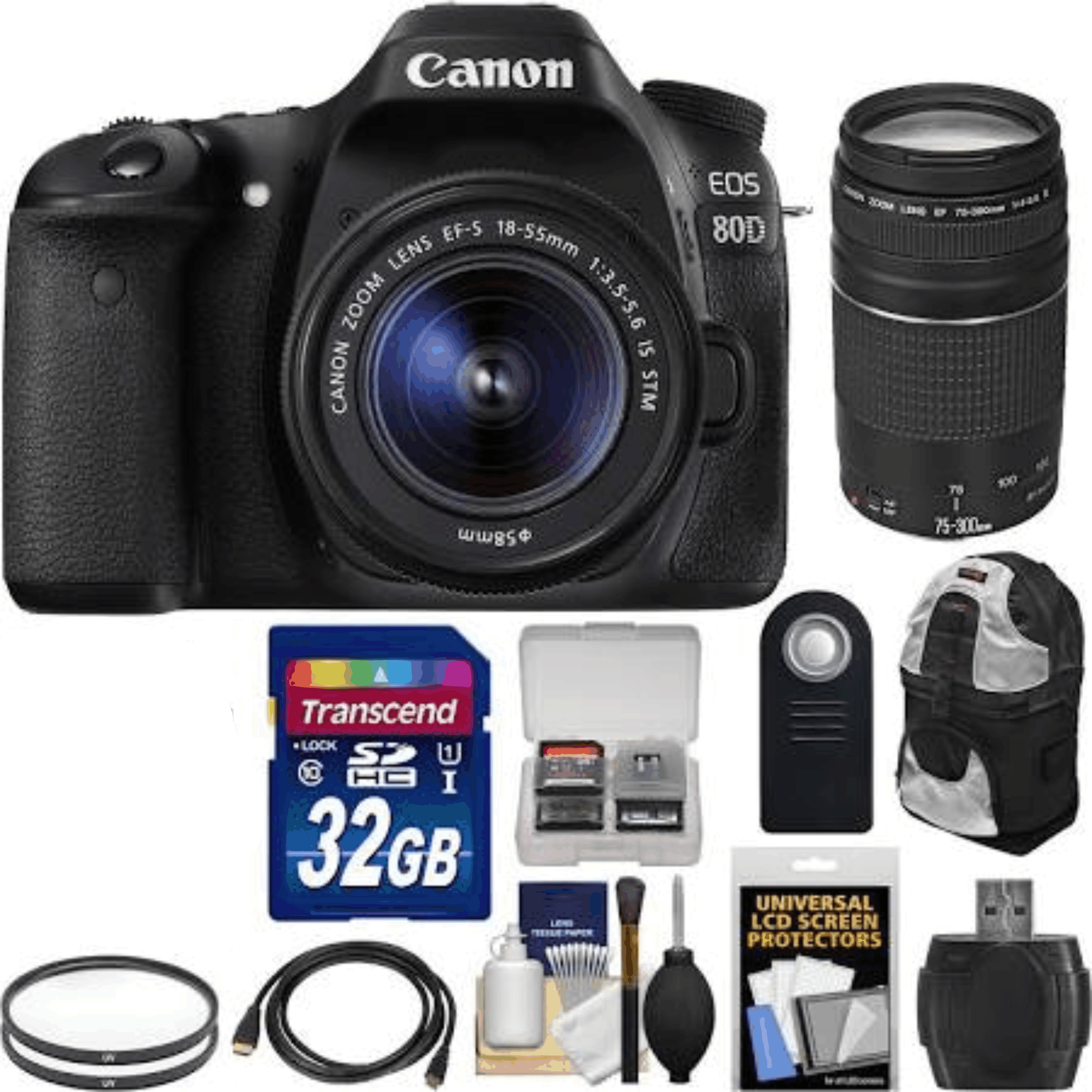 Canon EOS 80D Wi-Fi Digital SLR Camera & EF-S 18-55mm is STM with 75-300mm III Lens + 32GB Card + Backpack + Tripod + Kit 27