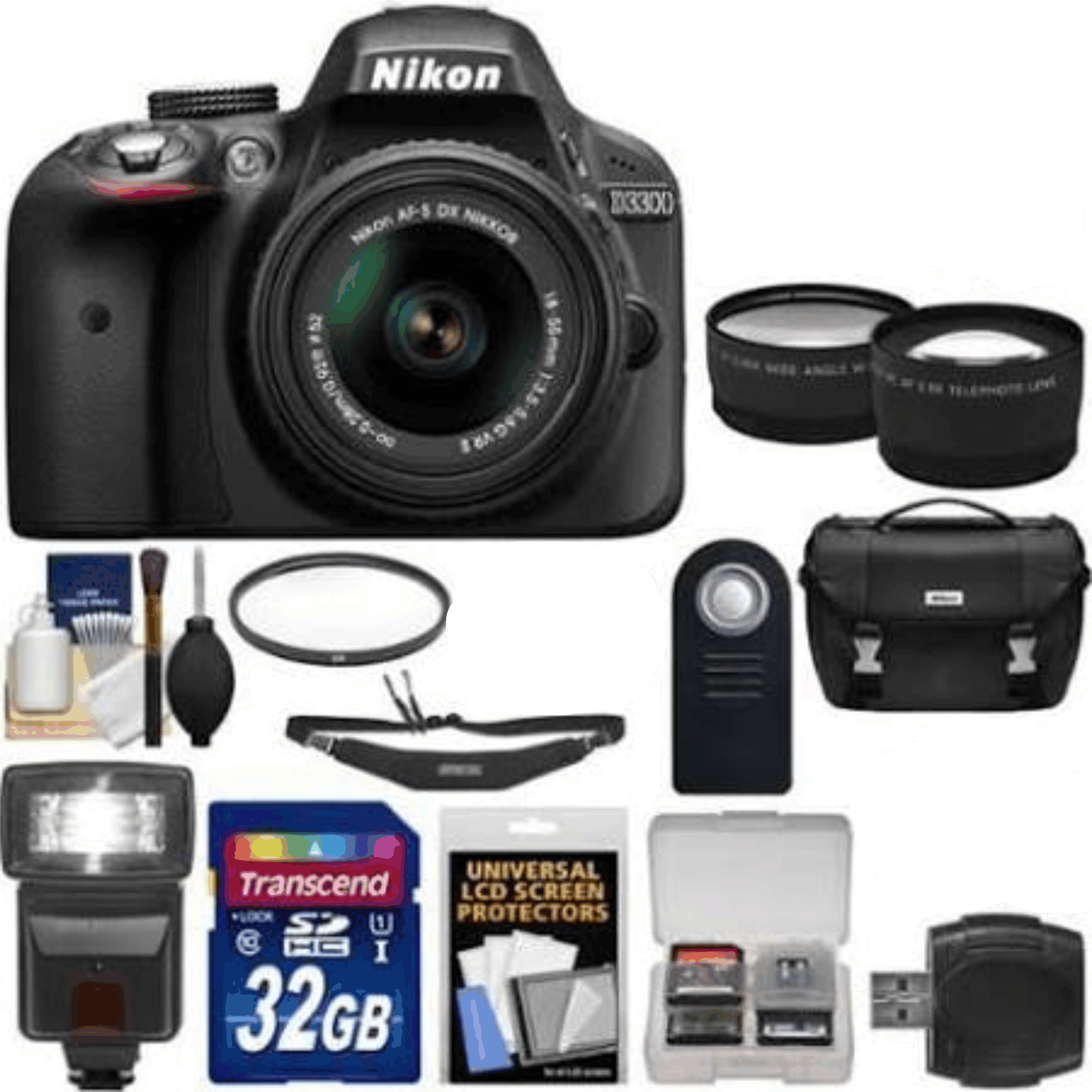 Nikon D3300 Digital SLR Camera & 18-55mm G VR DX II Lens (Black) with WU-1a Wi-Fi Adapter + 32GB Card + Case + Flash + 2 Lens Kit 28