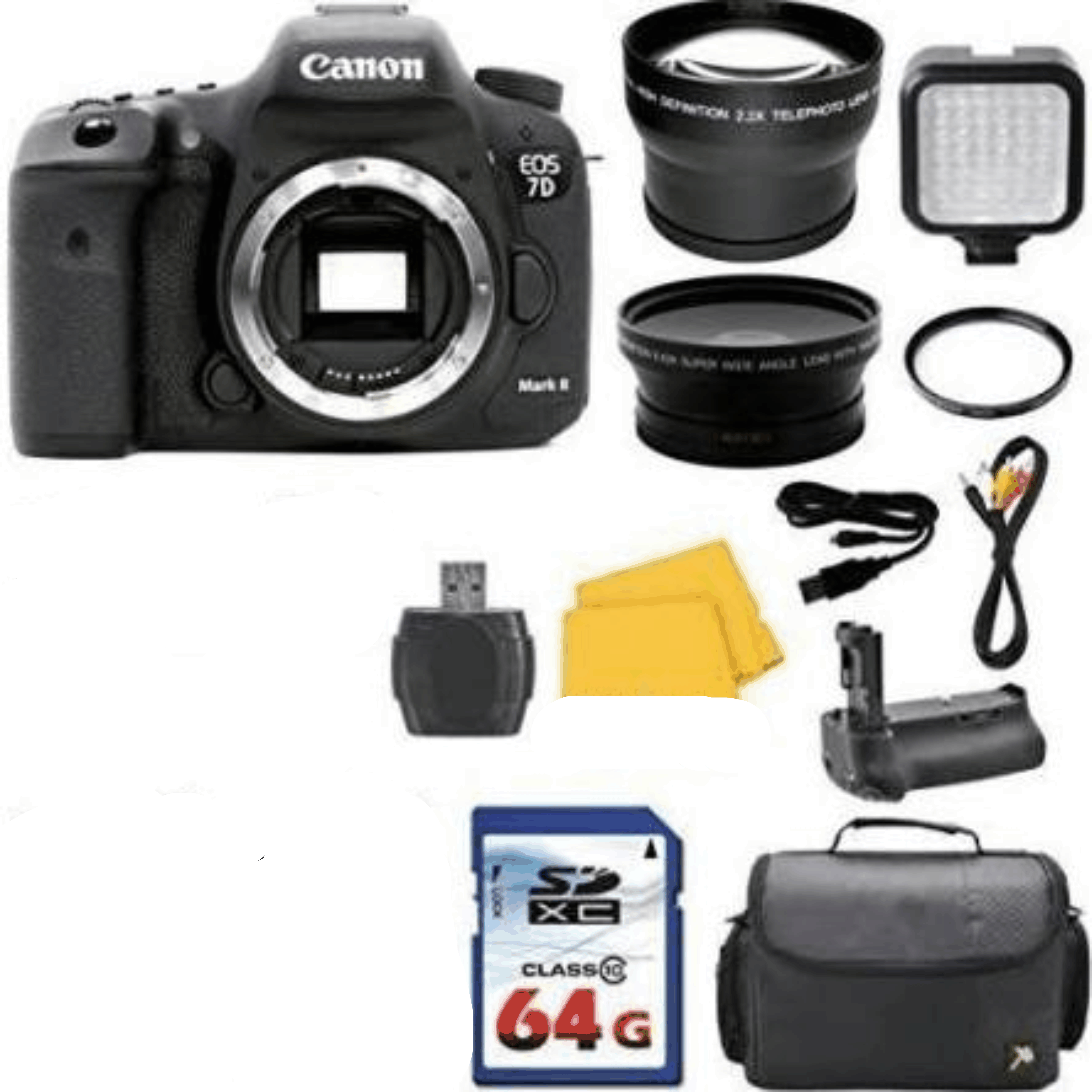 Canon EOS 7D Mark II Digital SLR Camera + High Speed 64GB Memory Card + Deluxe Camera Case + Commander U.V. Filter + Telephoto kit 28