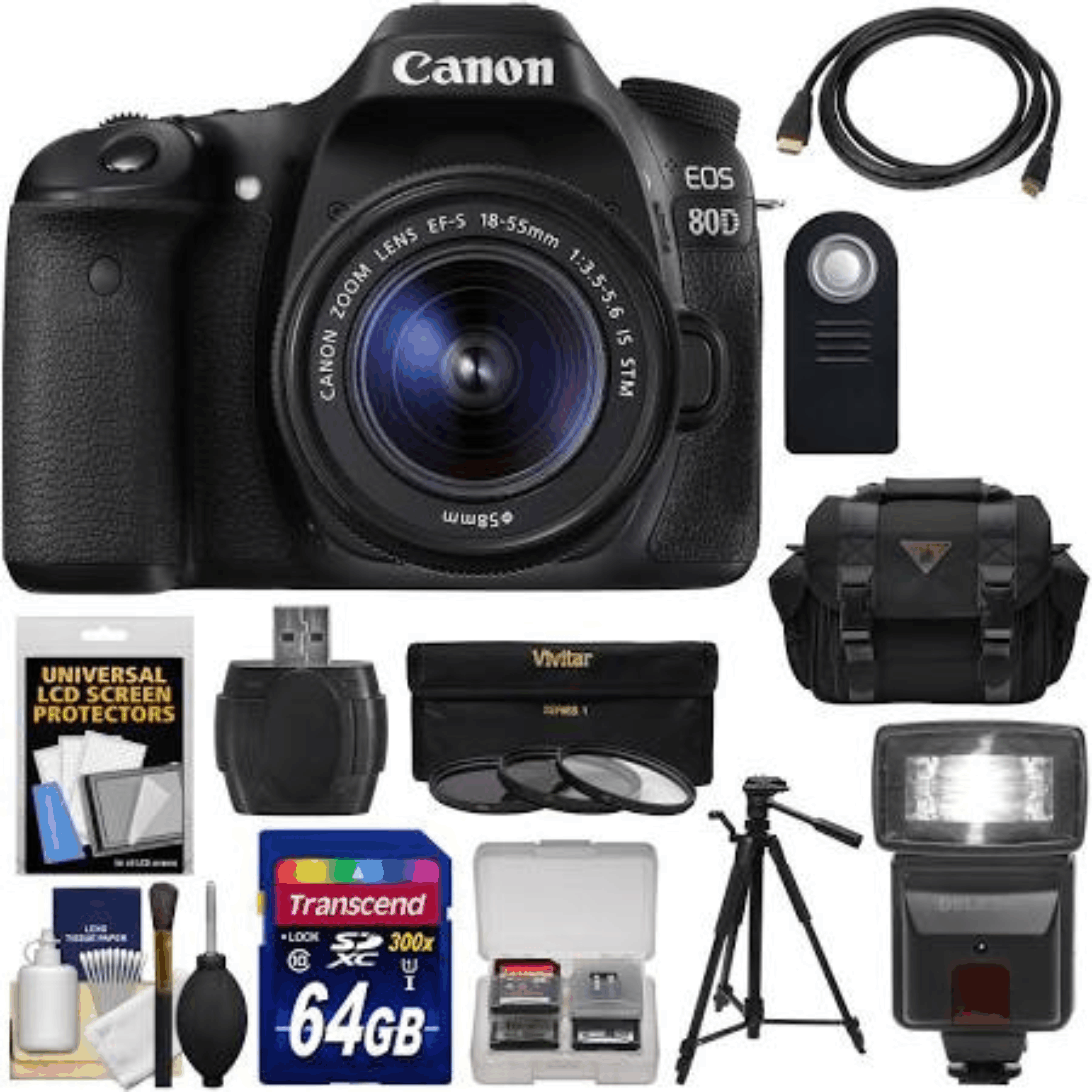 Canon EOS 80D Wi-Fi Digital SLR Camera & EF-S 18-55mm is STM Lens with 64GB Card + Case + Flash + Tripod + 3 Filters + Kit 28