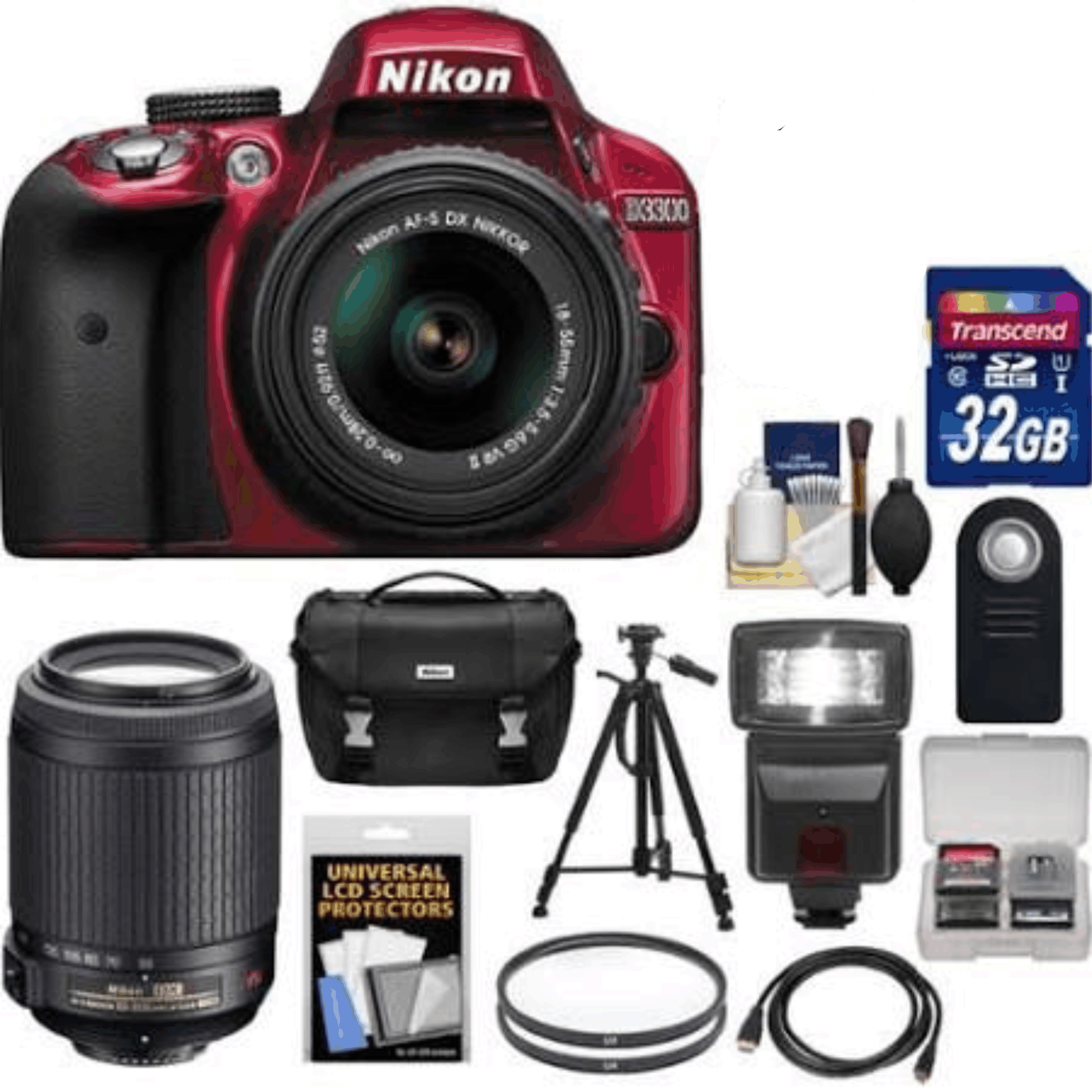 Nikon D3300 Digital SLR Camera & 18-55mm G VR DX II AF-S (Red) with 55-200mm VR II Lens + 32GB Card + Case + Flash + Tripod Kit 29