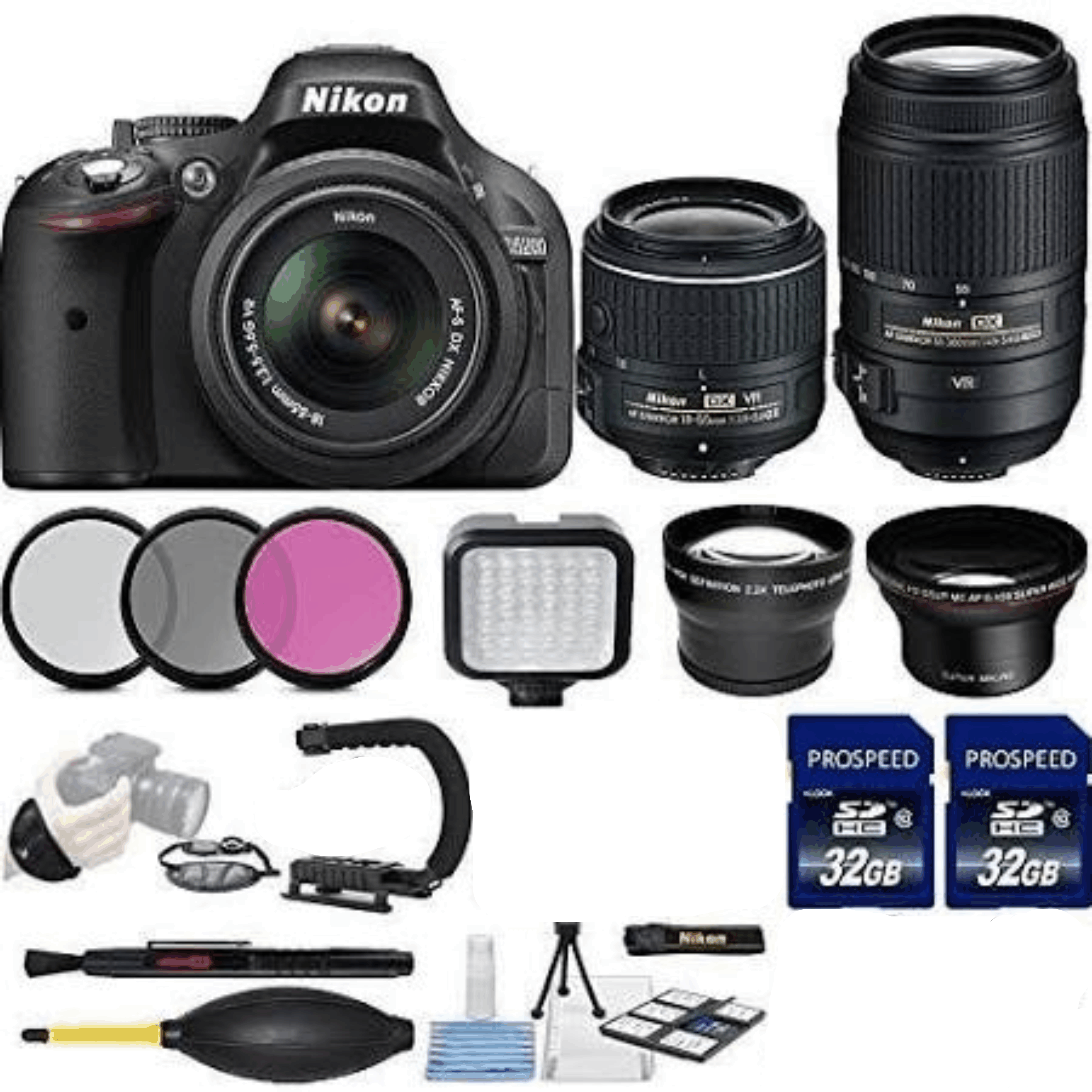 Nikon D5200 DSLR Camera + Nikon 18-55mm VR II + Nikon 55-300mm VR + 2 Pcs 32GB Memory Cards + LED Light + 3 Piece Filter Kit + 0.43 KIT 29