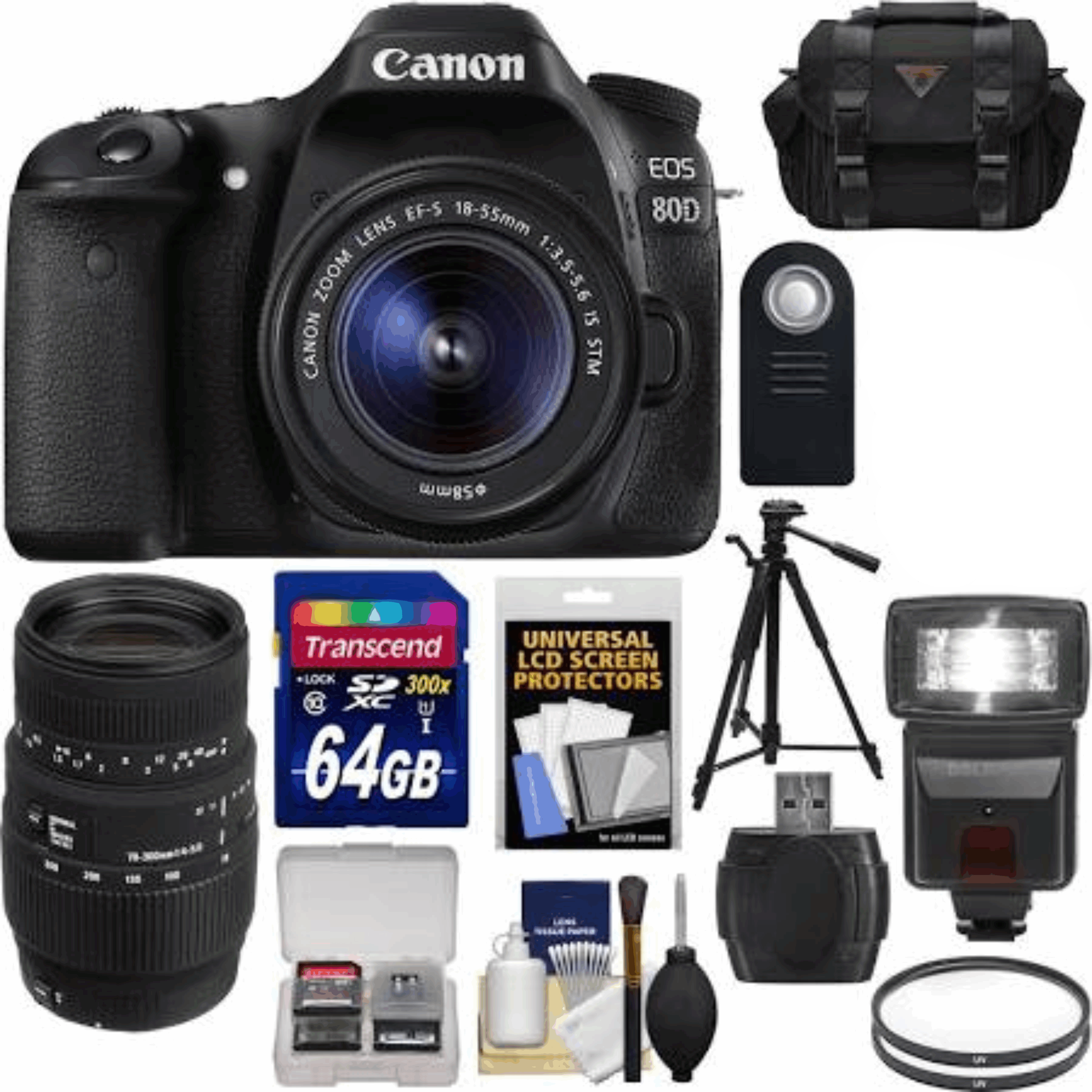 Canon EOS 80D Wi-Fi Camera + EF-S 18-55 is STM Lens + Sigma 70-300 Lens + 64GB Card + Case + Flash + Tripod + Kit30