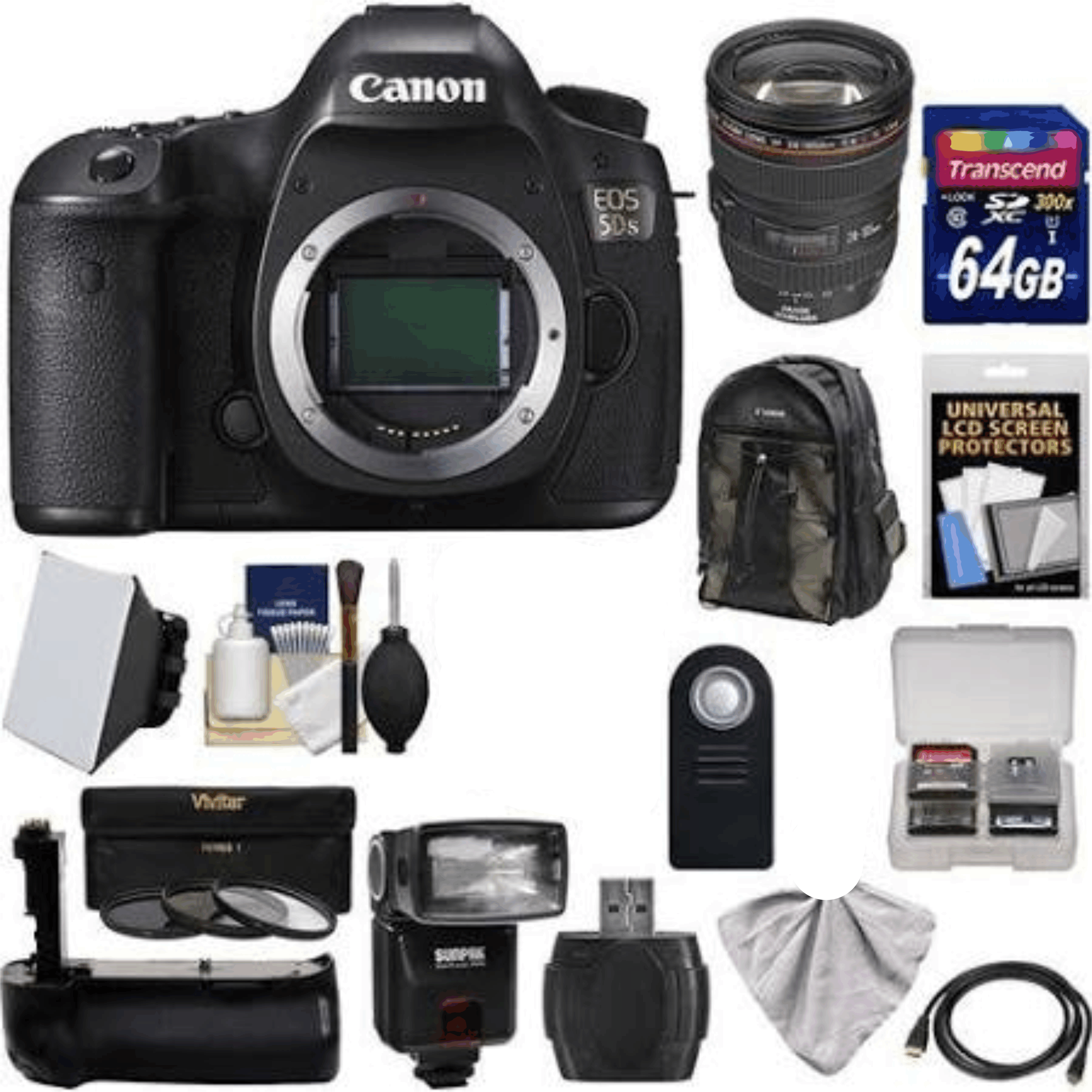 Canon Eos 5DS Digital SLR Camera Body with 24-105mm f/4 L Lens + 64GB Card + Backpack + Grip + Flash + Kit 2