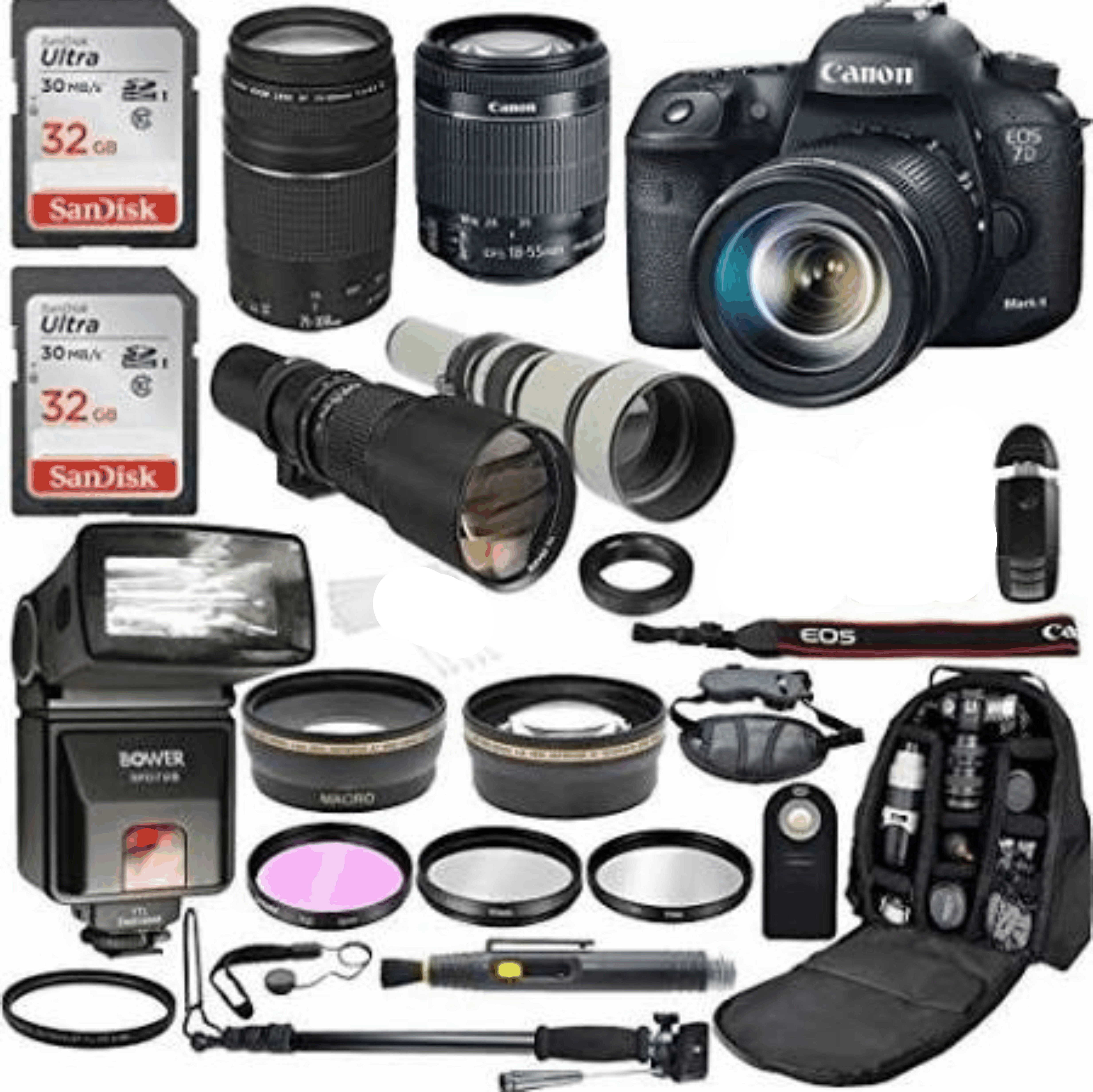 Canon EOS 7D Mark II 20.2MP CMOS Digital SLR Camera with EF-S 18-55mm Is STM & EF 75-300mm f/4-5.6 III + 500mm Preset Telephoto Zoom + 650-1300mm kit 2 