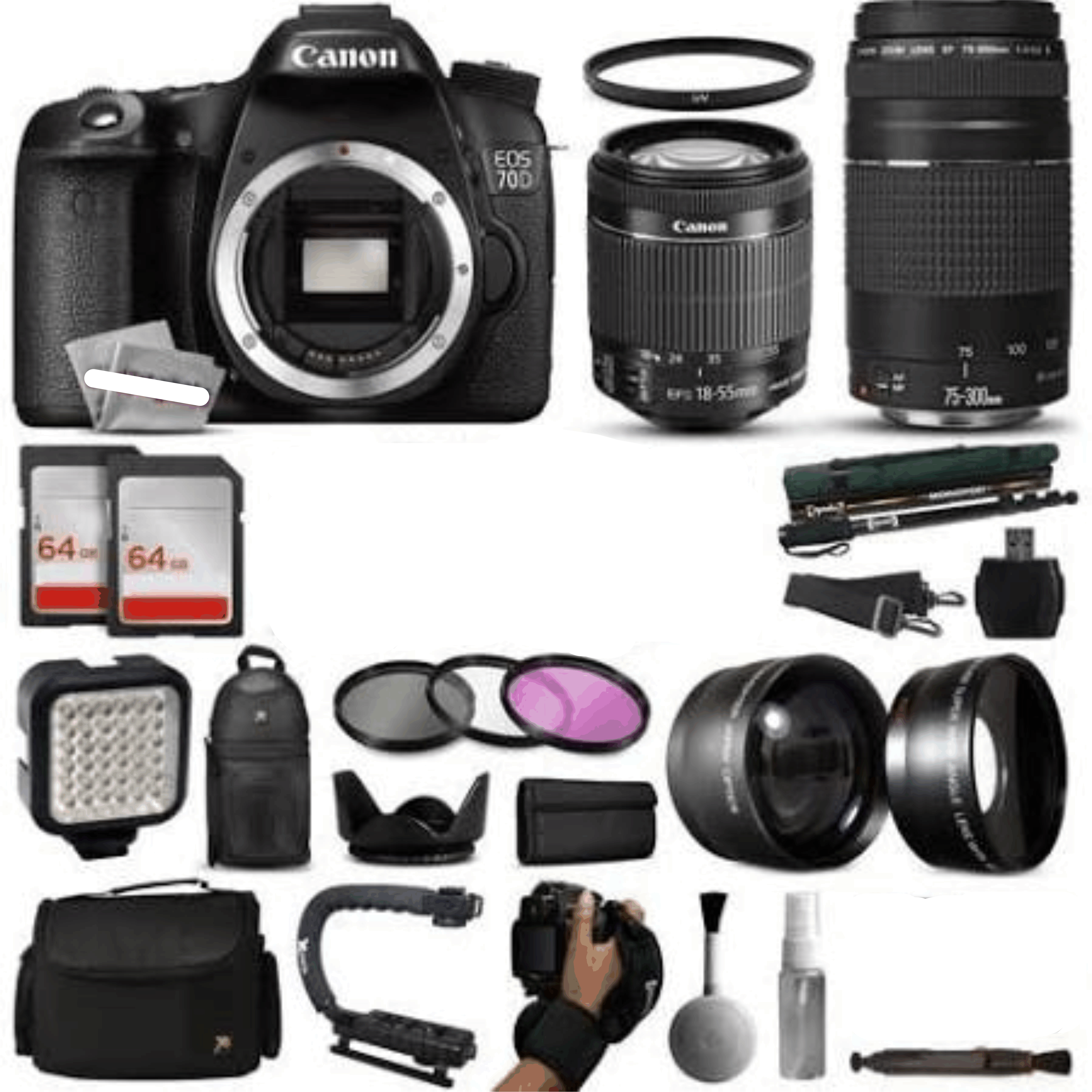 Canon EOS 70D DSLR SLR Digital Camera + 18-55mm STM + 75-300mm USM Lens + 128GB Memory + LED Video Light kit 2