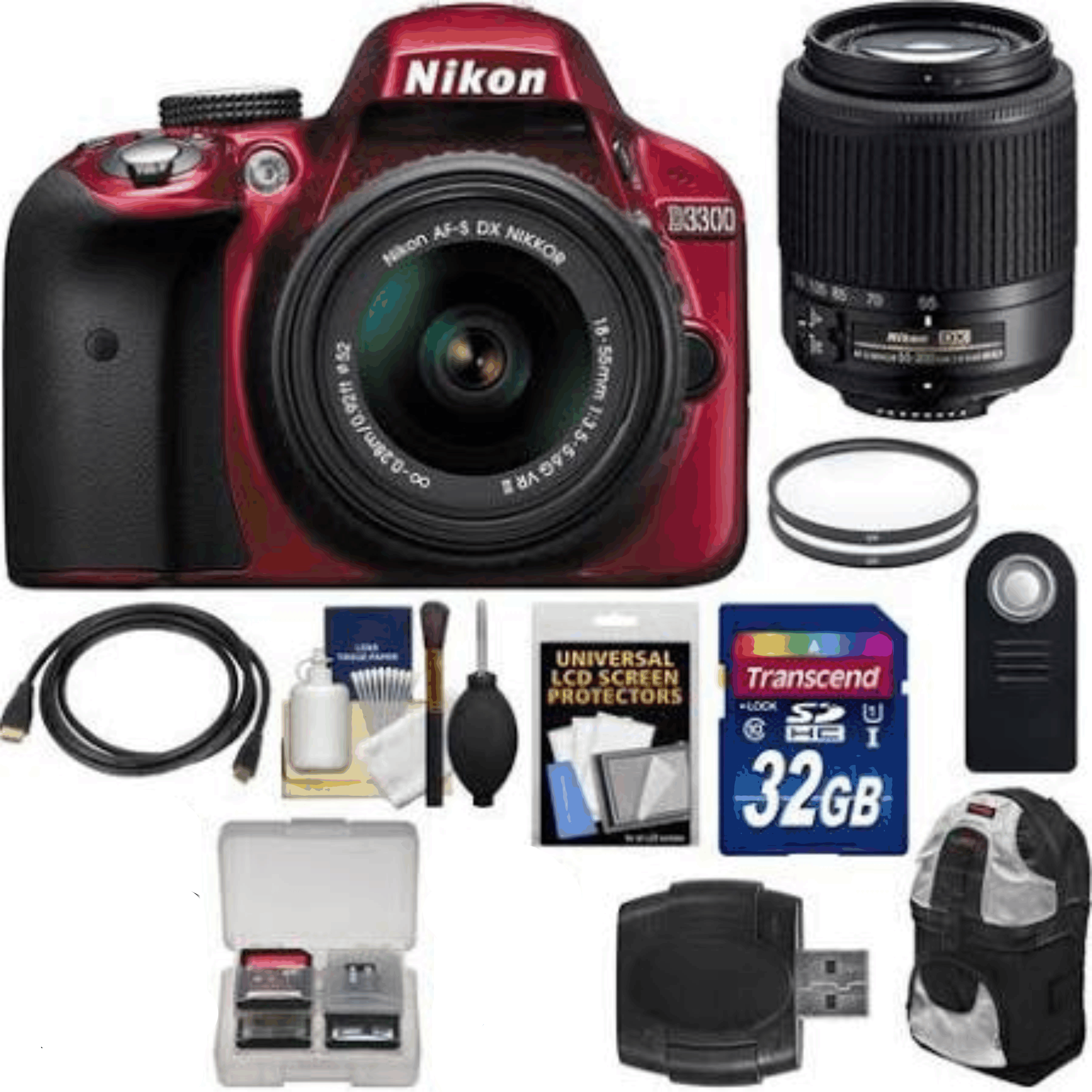 Nikon D3300 Digital SLR Camera & 18-55mm G VR DX II AF-S (Red) with 55-200mm DX AF-S Lens + 32GB Card + Backpack + Filters Kit 30