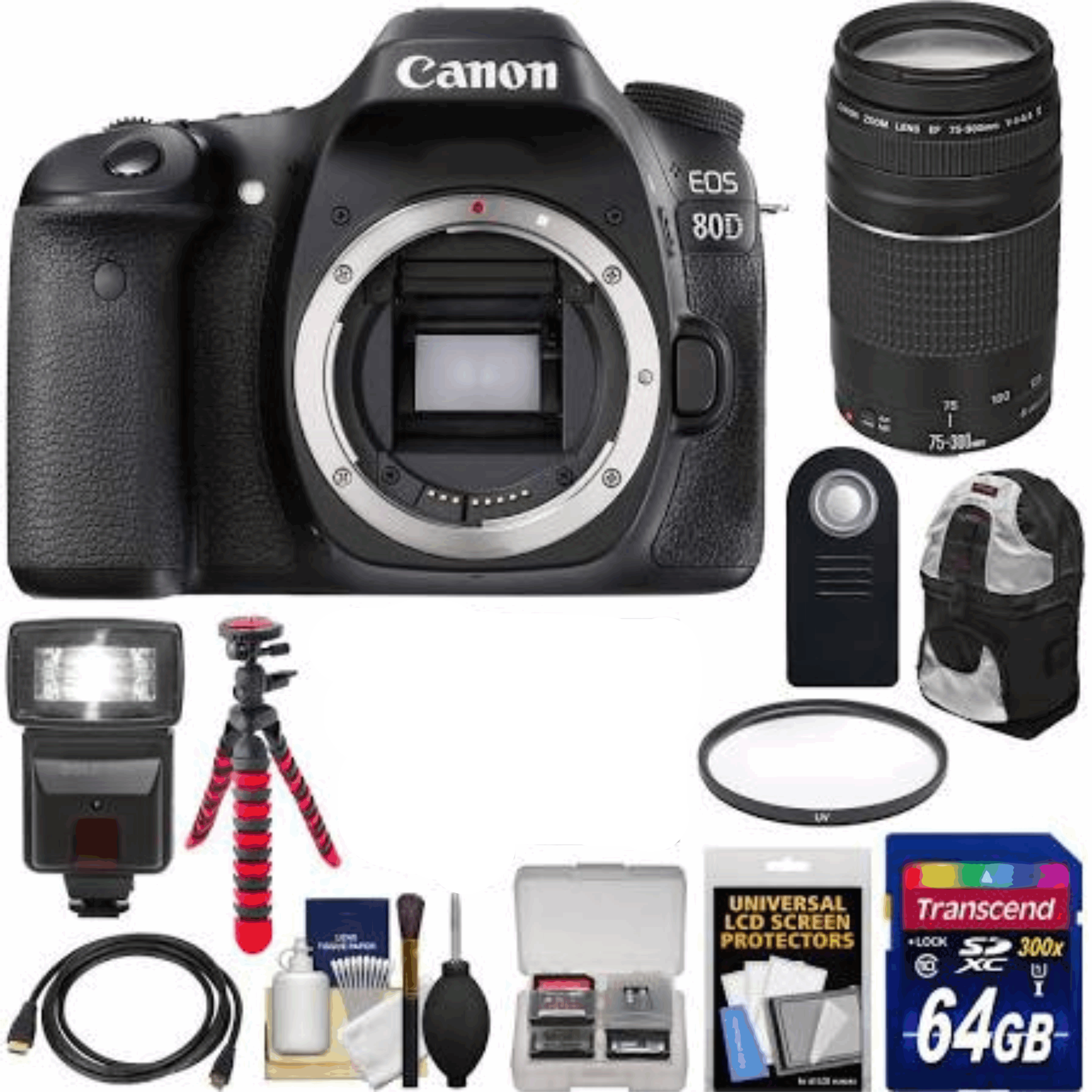 Canon EOS 80D Wi-Fi Digital SLR Camera Body with 75-300mm III Lens + 64GB Card + Backpack + Flash + Flex Tripod + Kit 31