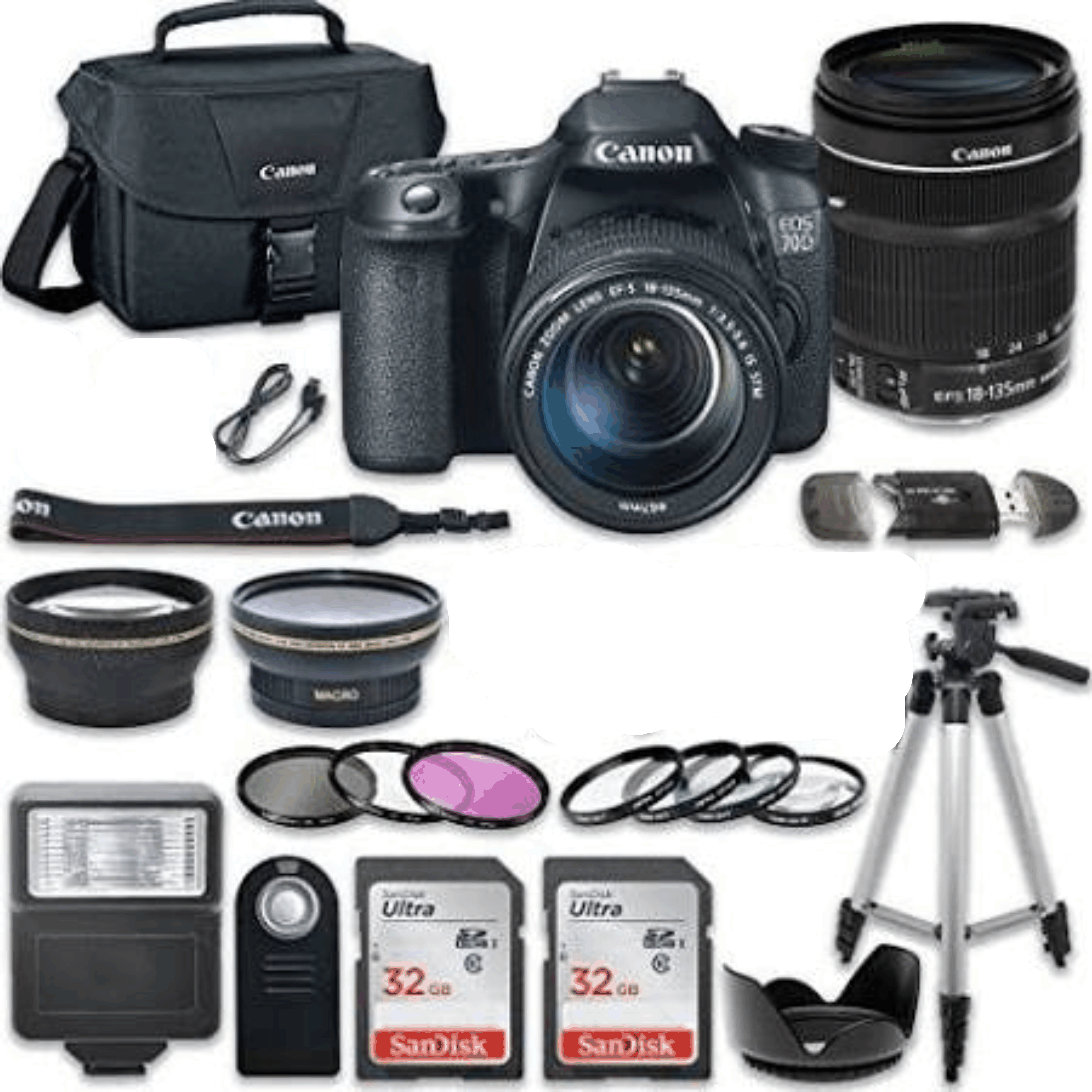 Canon EOS 70D 20.2 MP AF Full HD 1080p DSLR Camera with Canon EF-S 18-135mm f/3.5-5.6 Is STM Lens + 2pc SanDisk 32GB Memory Cards kit 32