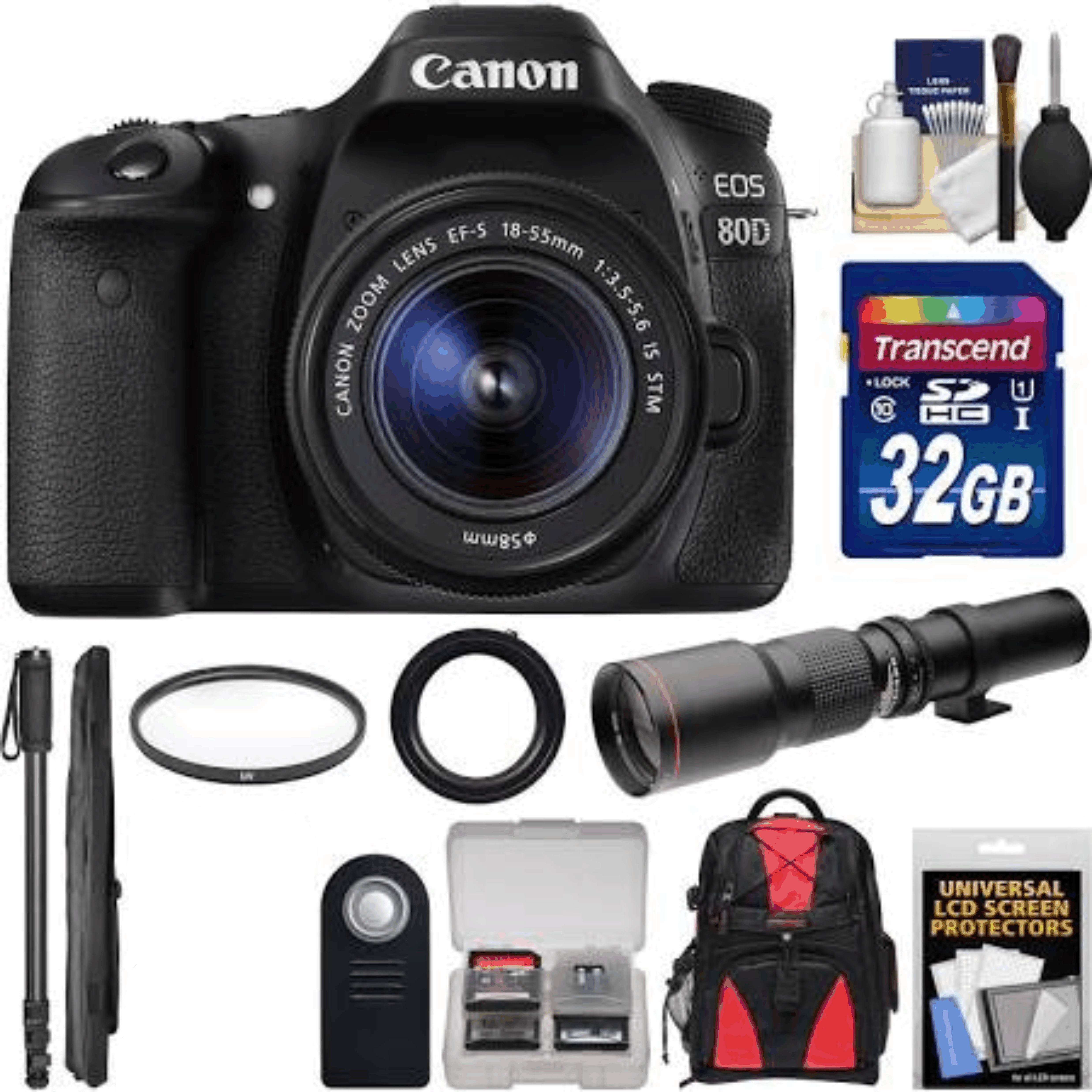 Canon EOS 80D Wi-Fi Digital SLR Camera & EF-S 18-55mm is STM Lens with 500mm Telephoto Lens + 32GB Card + Filter + Backpack + Monopod + Kit 32