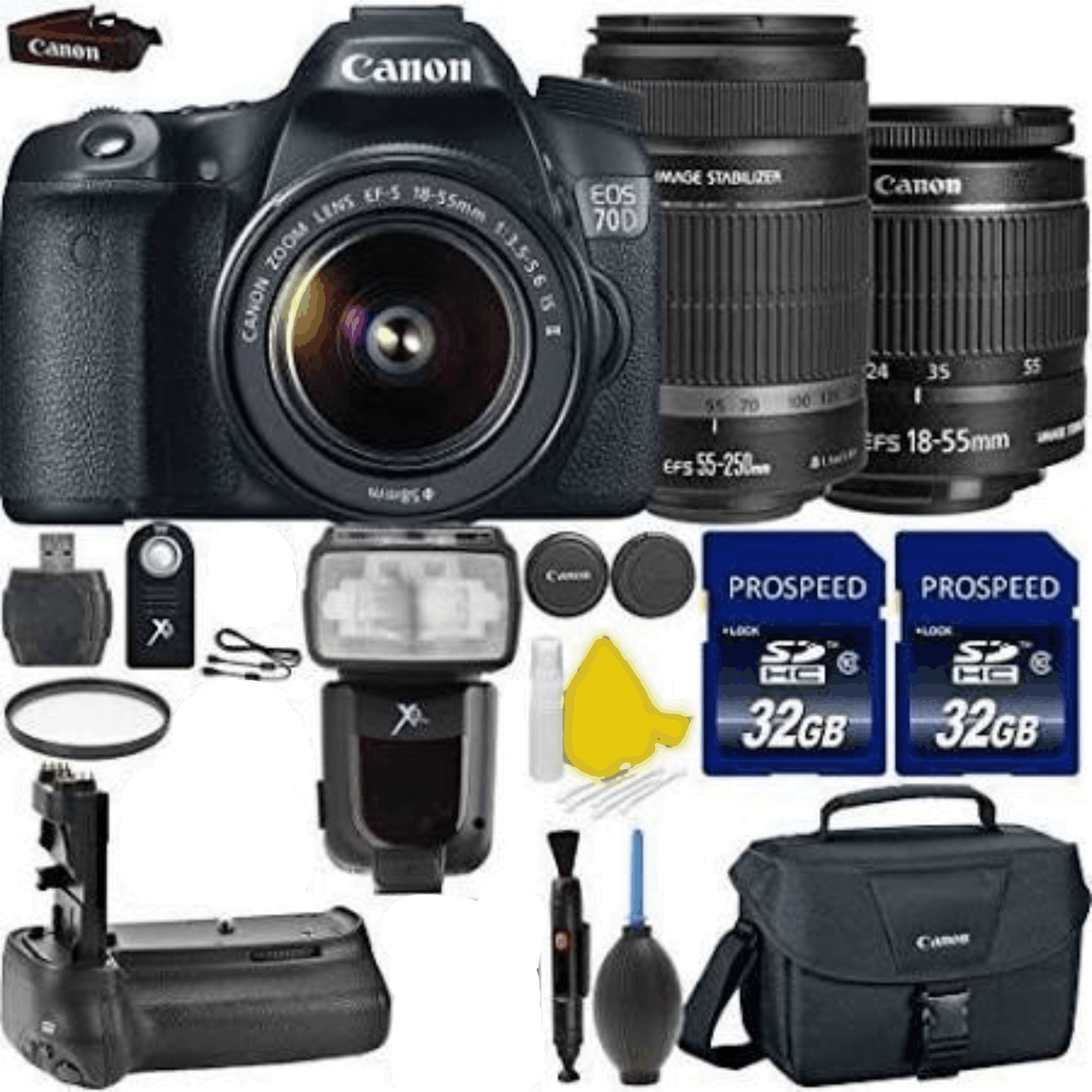 Canon EOS 70D 20.2 MP Digital SLR Camera with Dual Pixel CMOS Full HD 1080p + Canon EF-S 18-55mm Is STM + Canon EF-S 55-250mm Is STM + Power Grip kit 33