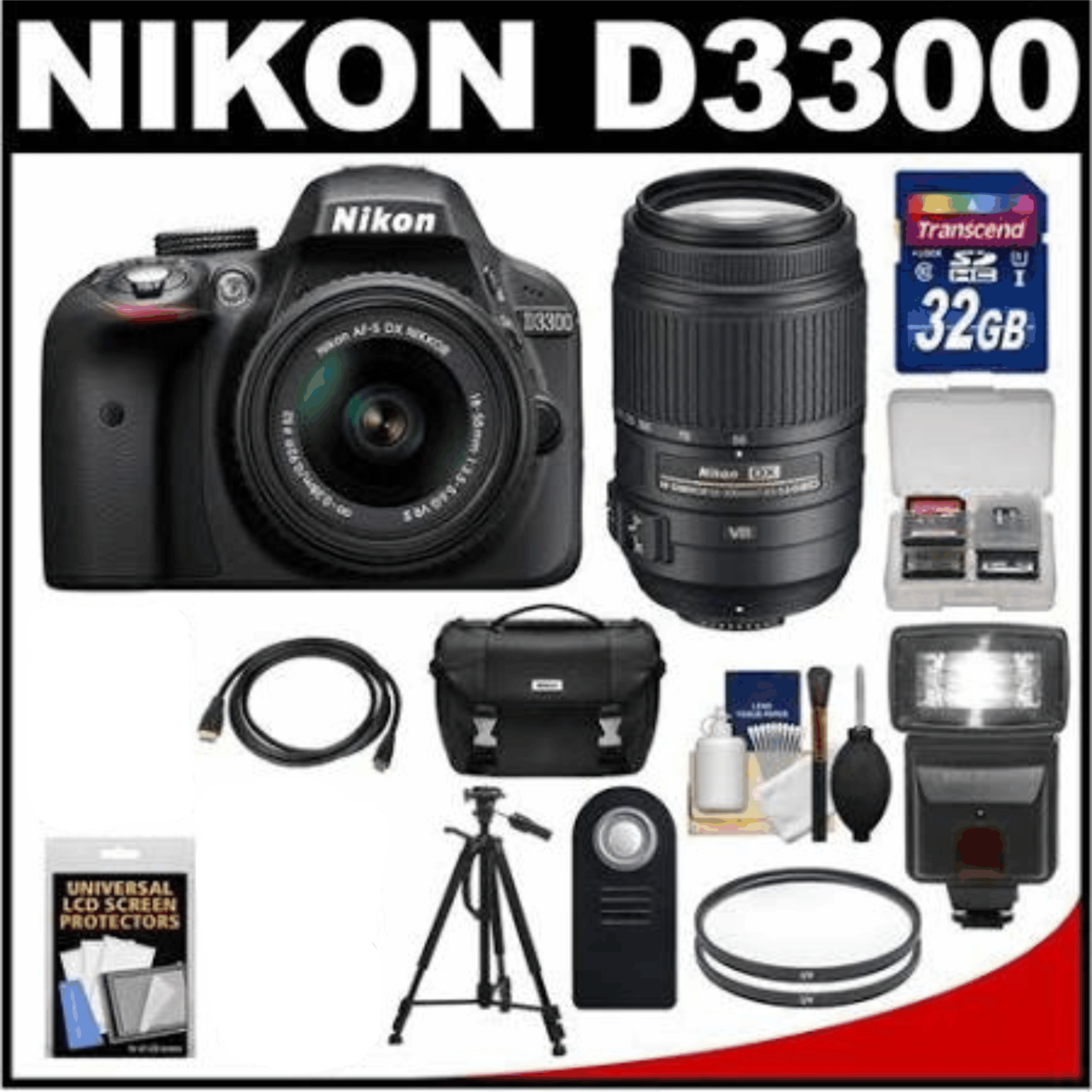 Nikon D3300 Digital SLR Camera & 18-55mm G VR DX II AF-S Zoom Lens (Black) with 55-300mm VR Lens + 32GB Card + Case + Flash + Tripod Kit 35