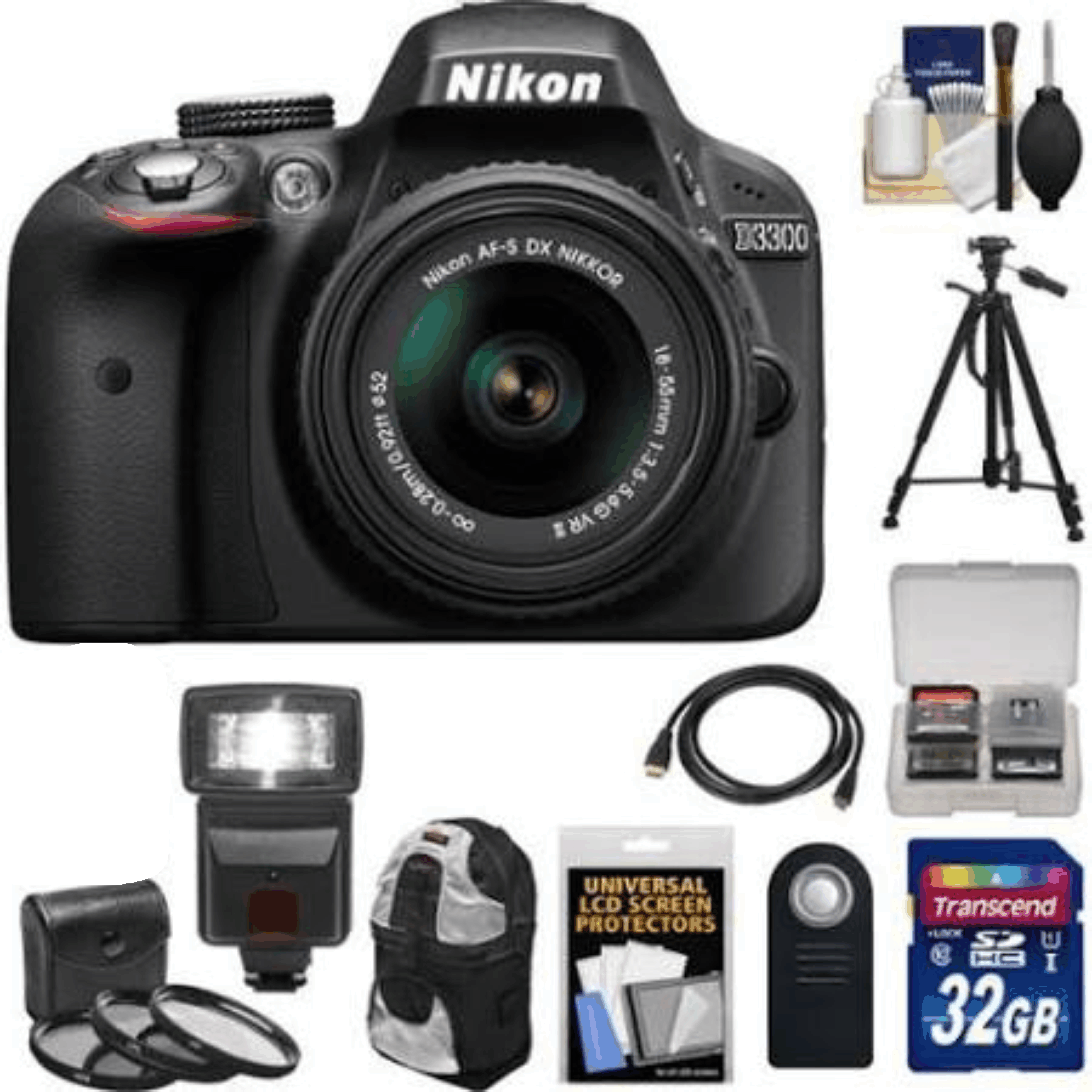 Nikon D3300 Digital SLR Camera & 18-55mm G VR DX II AF-S Zoom Lens (Black) with 32GB Card + Backpack + 3 Filters + Flash + Tripod + Kit 36