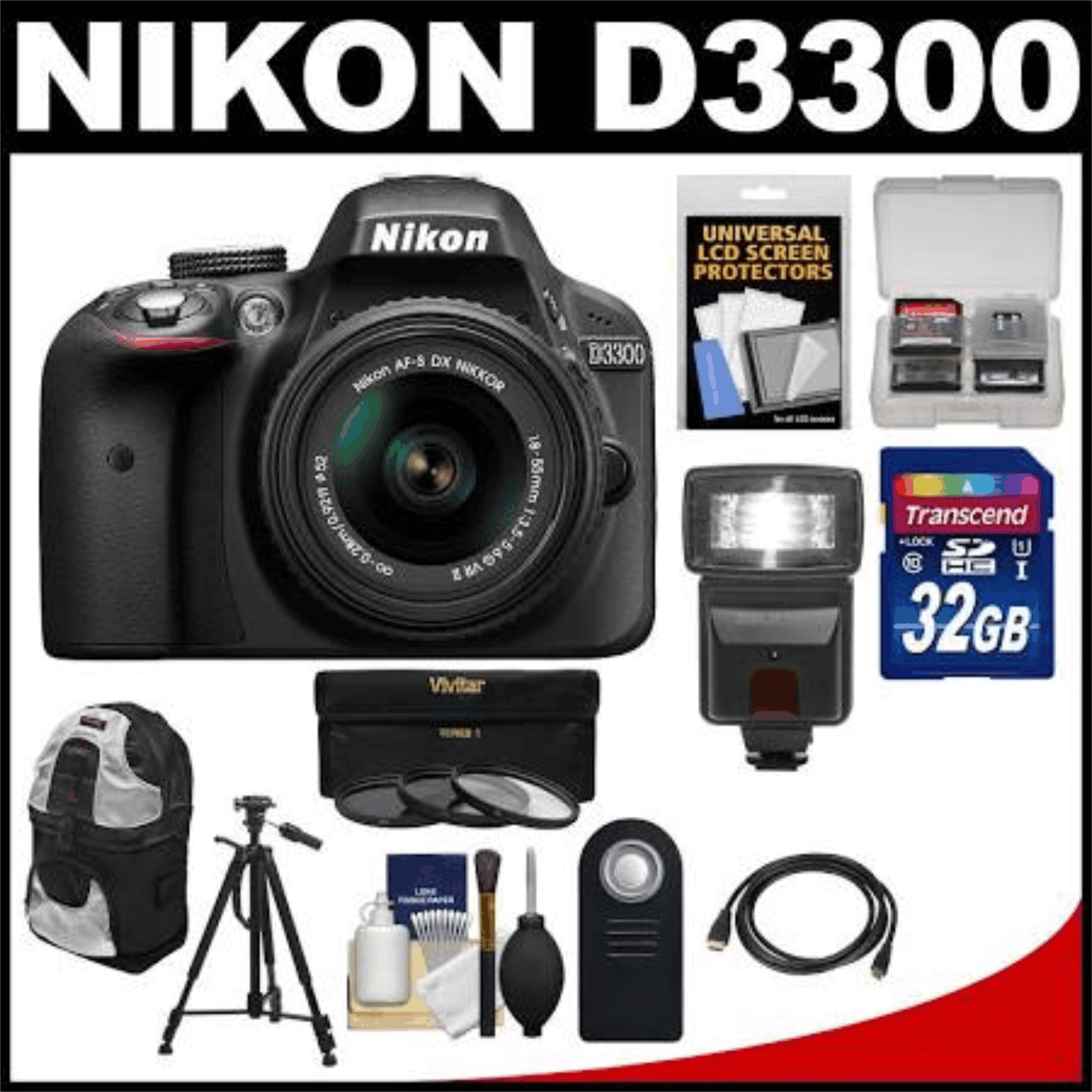 Nikon D3300 Digital SLR Camera & 18-55mm G VR DX II AF-S Zoom Lens (Black) with 32GB Card + Backpack + 3 Filters + Flash + Tripod + Kit 37