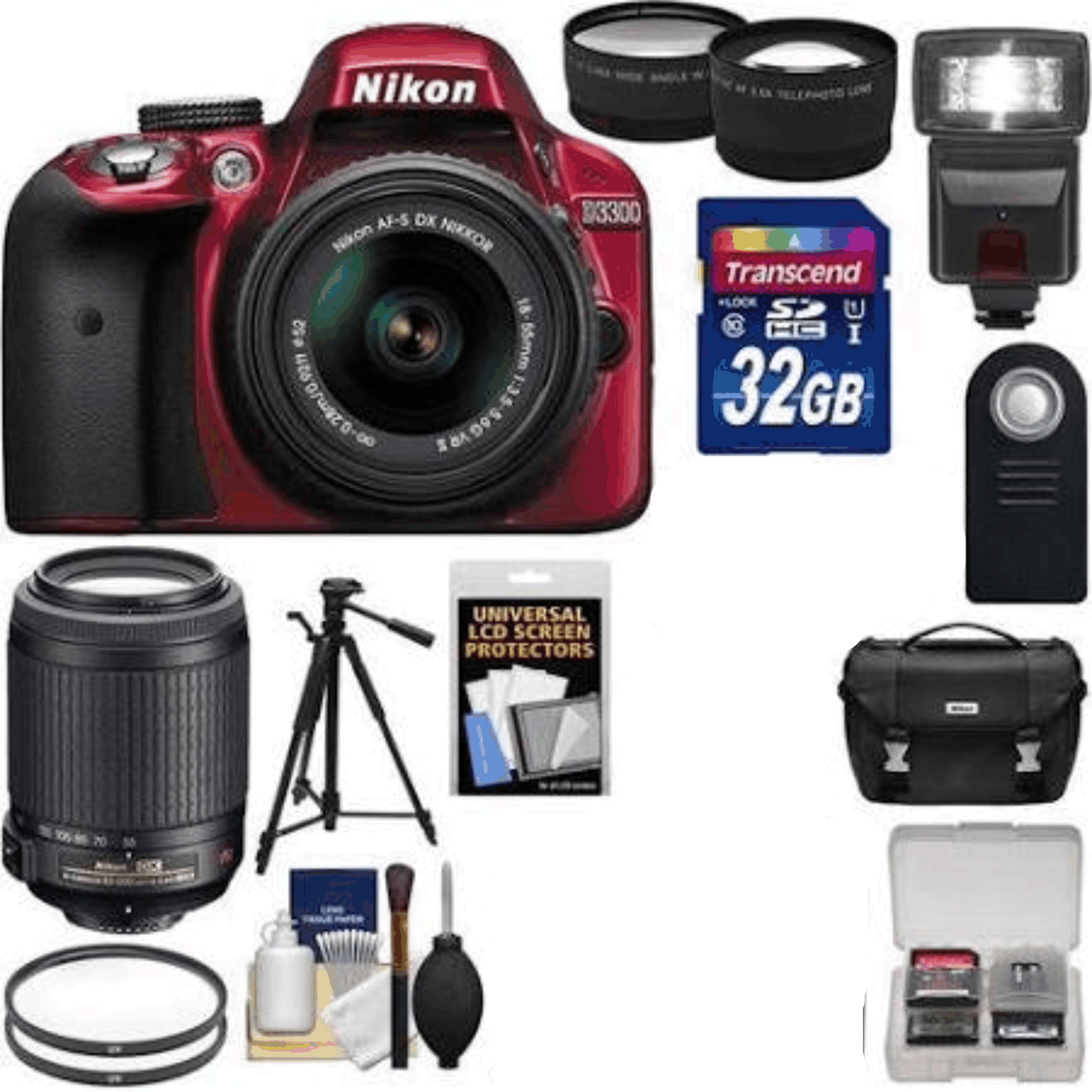 Nikon D3300 Digital SLR Camera & 18-55mm G VR DX II (Red) + 55-200mm VRII Lens + 32GB + Case + Tripod + Flash + Tele/Wide Lens Kit 38